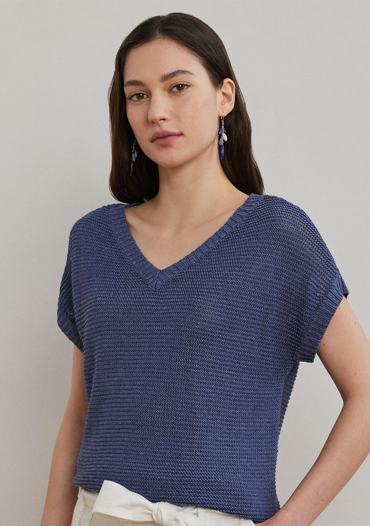 Linen Blend Short Sleeve V-Neck Sweater