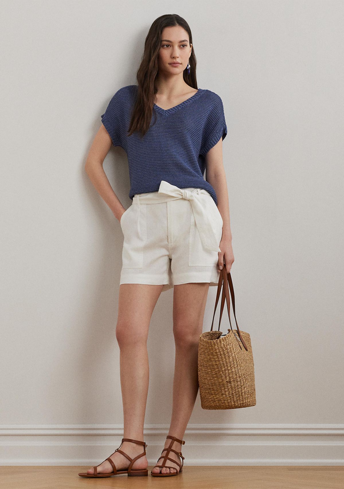 Linen Blend Short Sleeve V-Neck Sweater