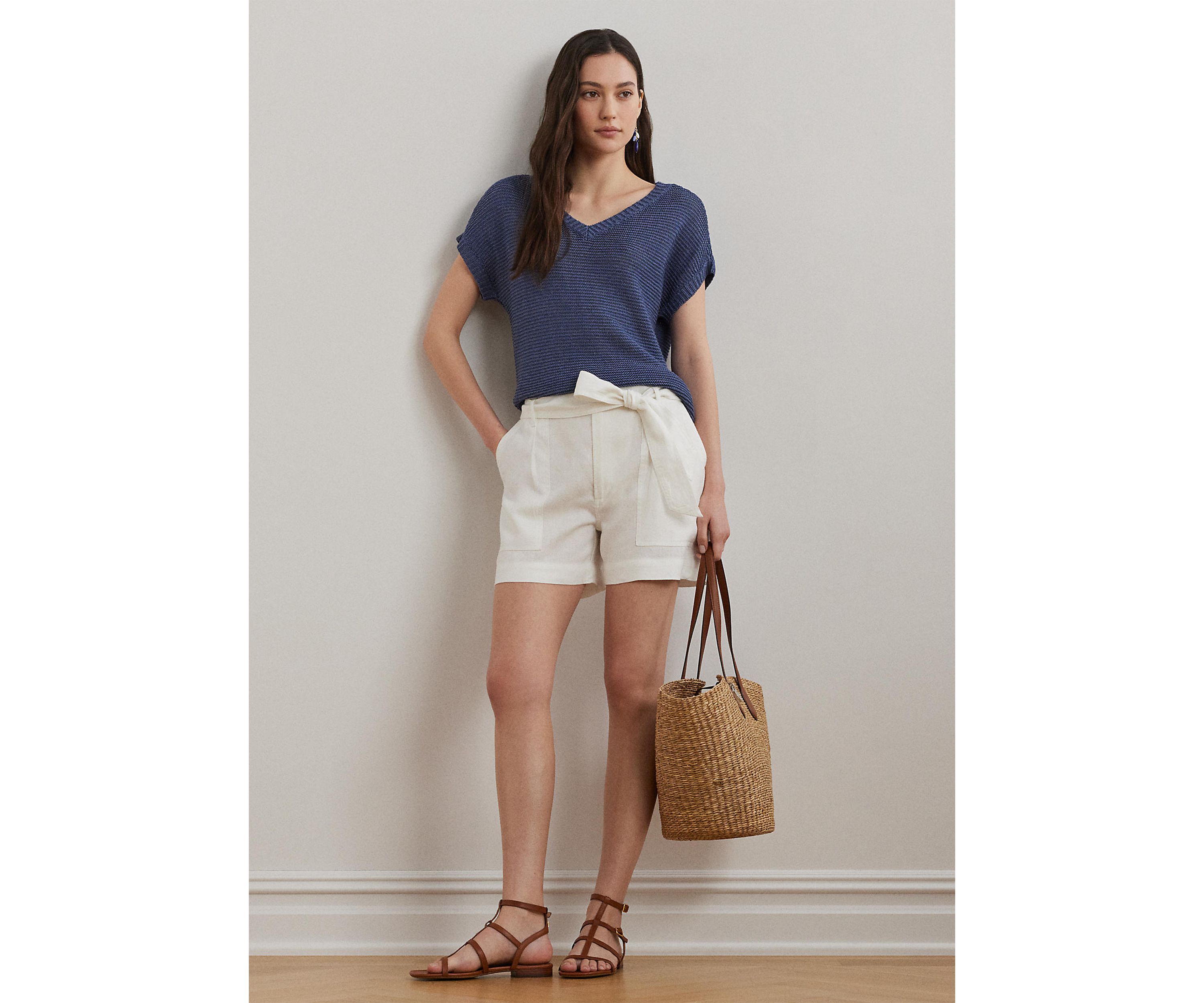 Linen Blend Short Sleeve V-Neck Sweater