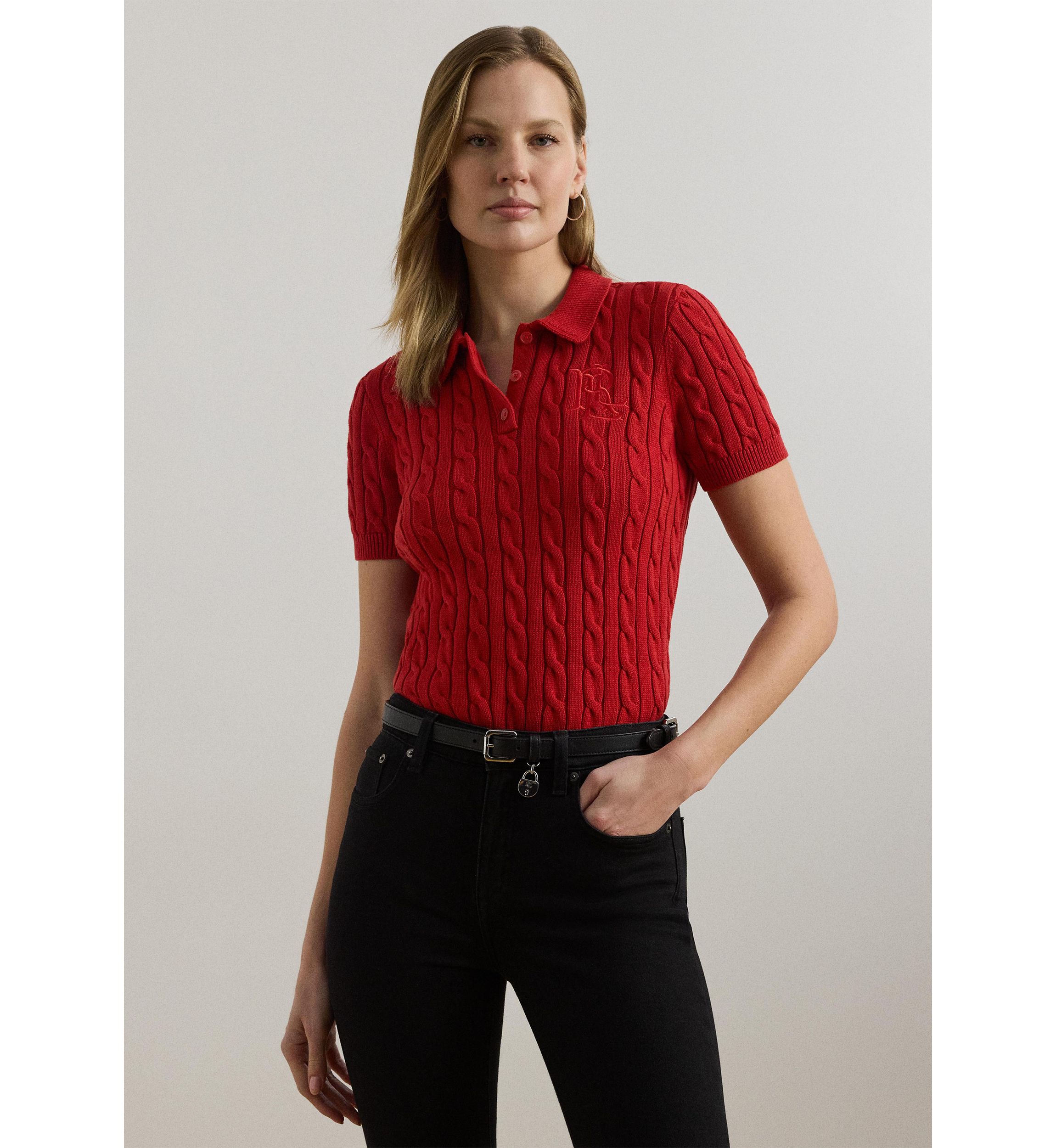 Petite Cable-Knit Cotton Polo Sweater