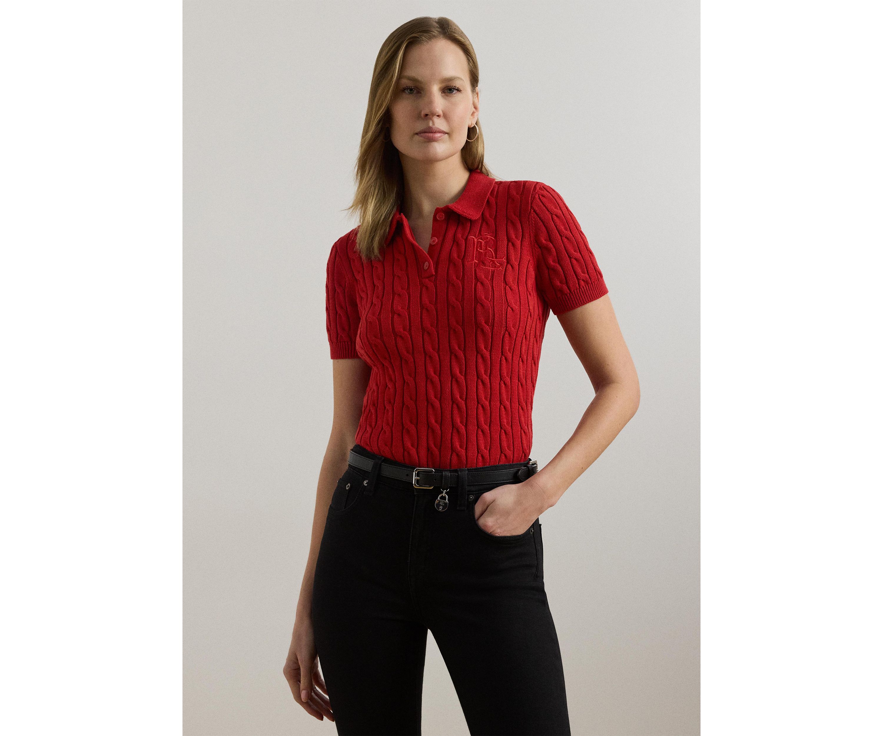 Petite Cable-Knit Cotton Polo Sweater