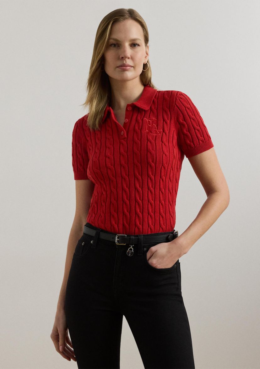 Petite Cable-Knit Cotton Polo Sweater
