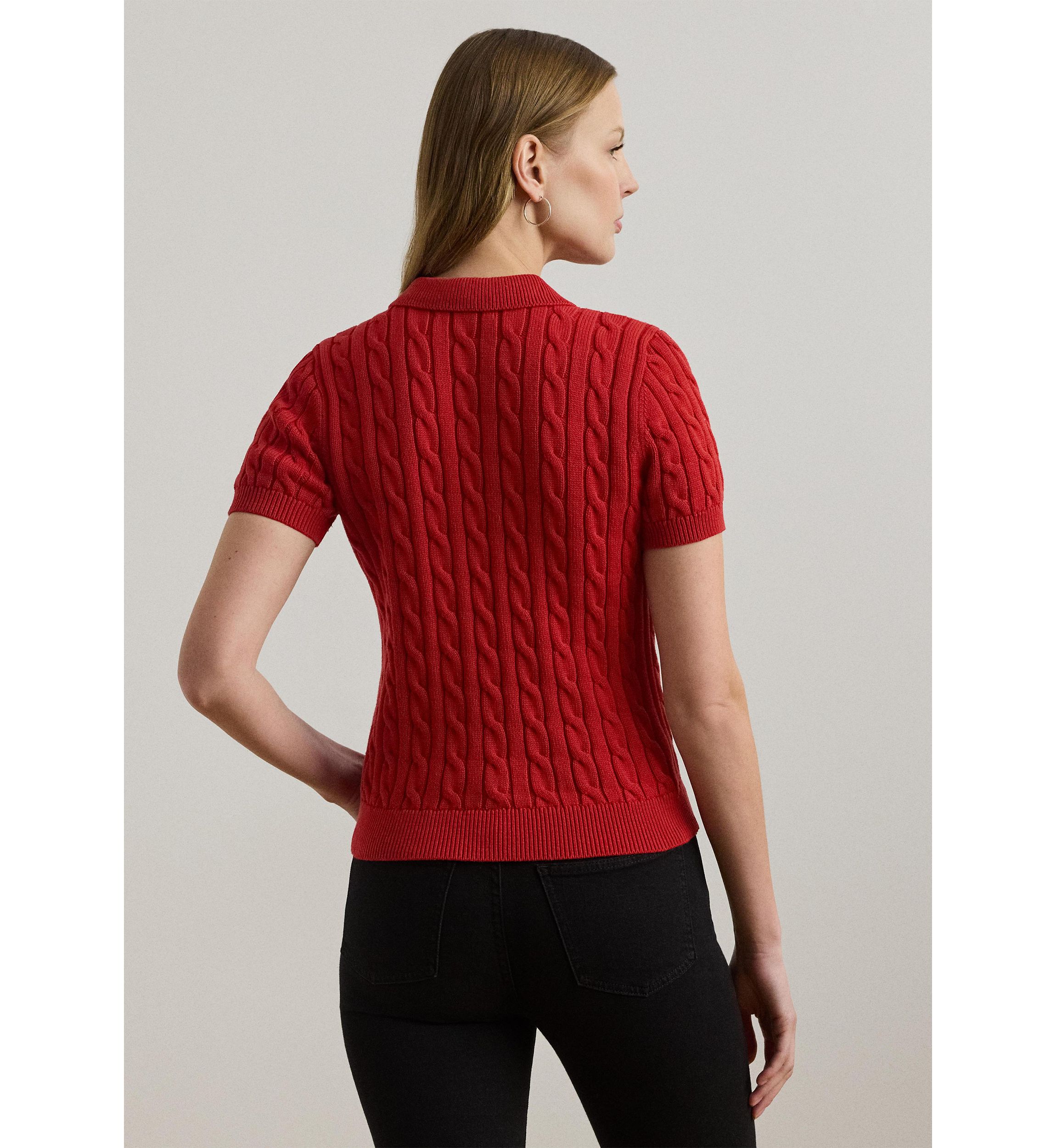 Petite Cable-Knit Cotton Polo Sweater