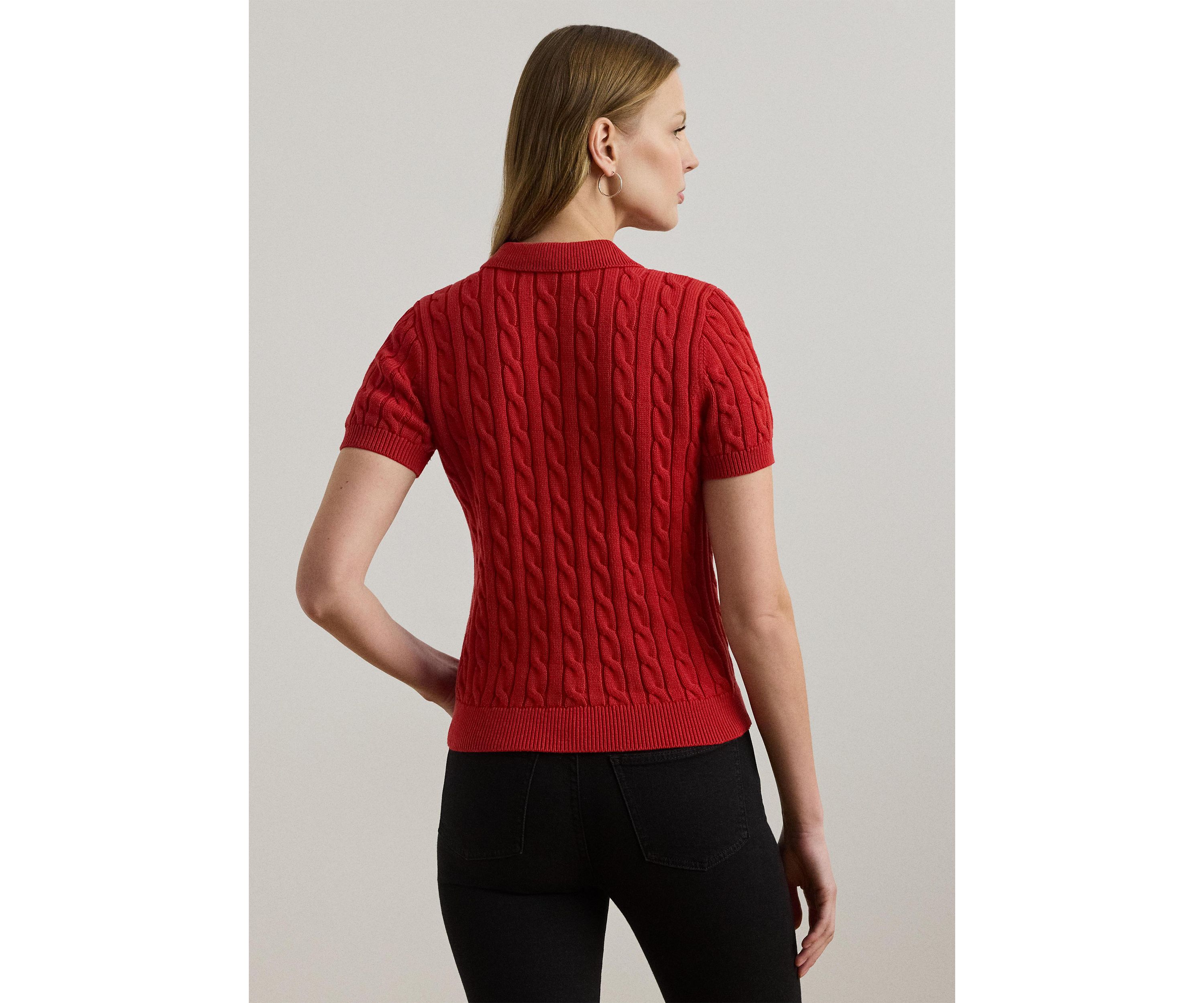 Petite Cable-Knit Cotton Polo Sweater