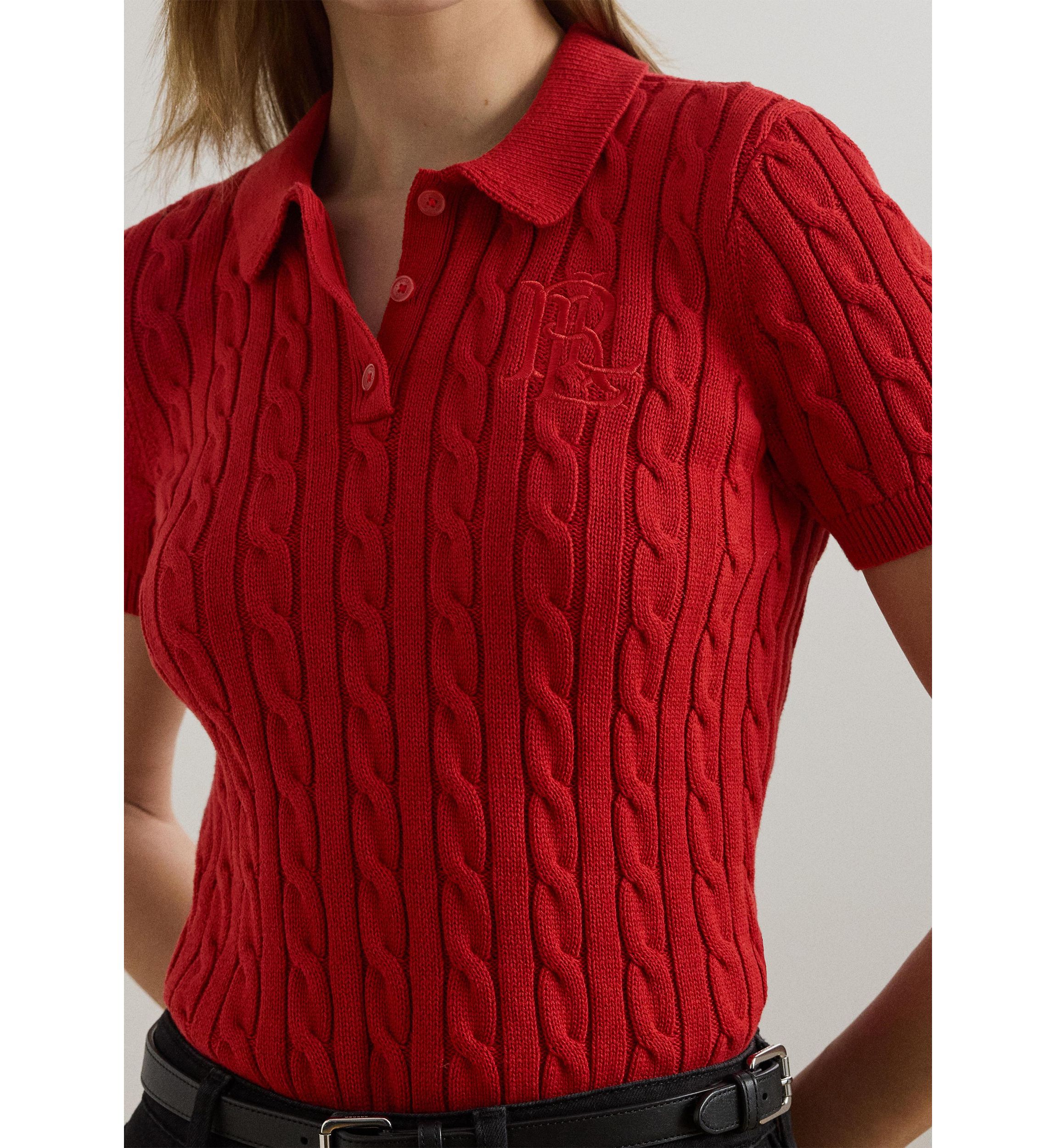 Petite Cable-Knit Cotton Polo Sweater