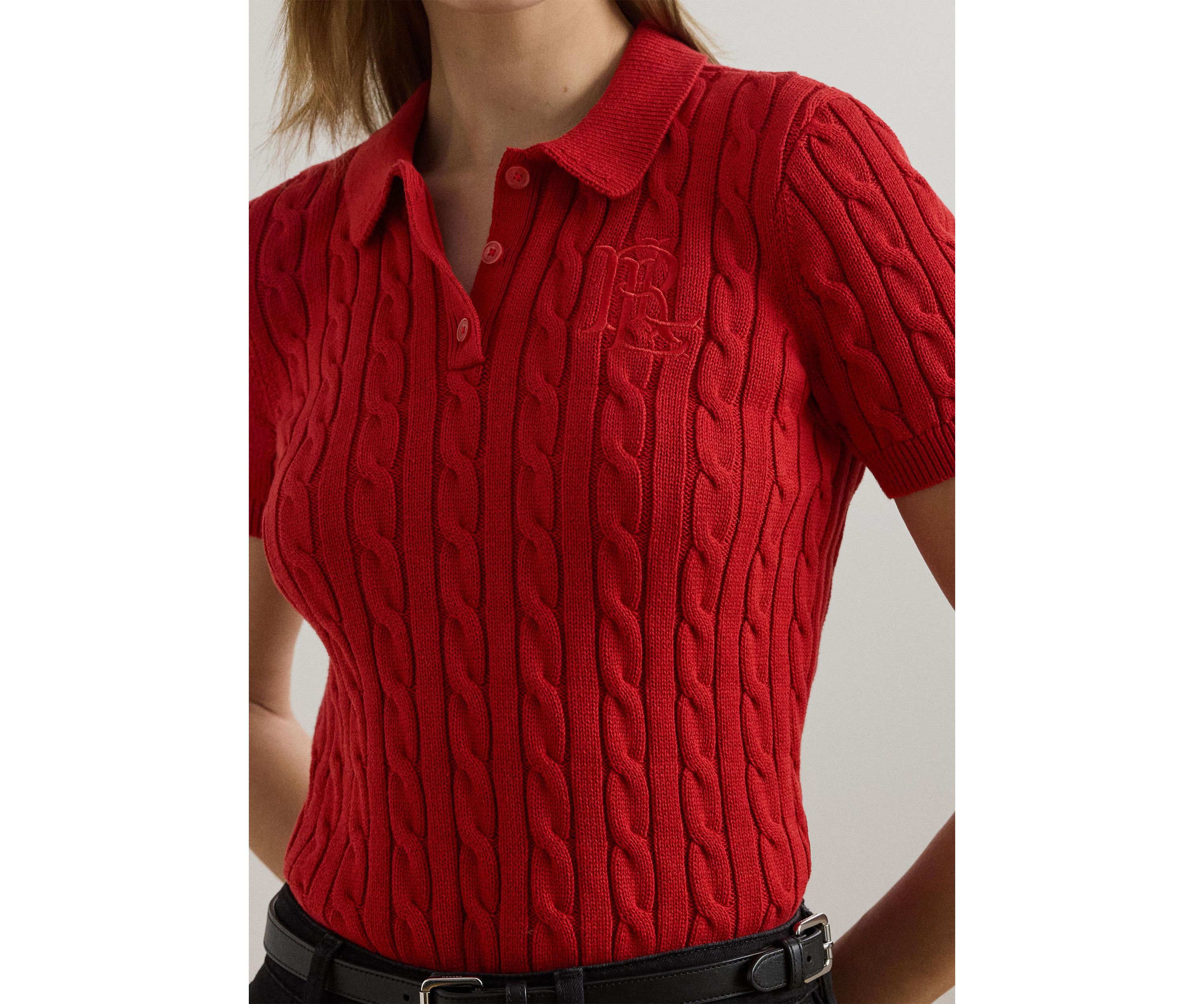 Petite Cable-Knit Cotton Polo Sweater