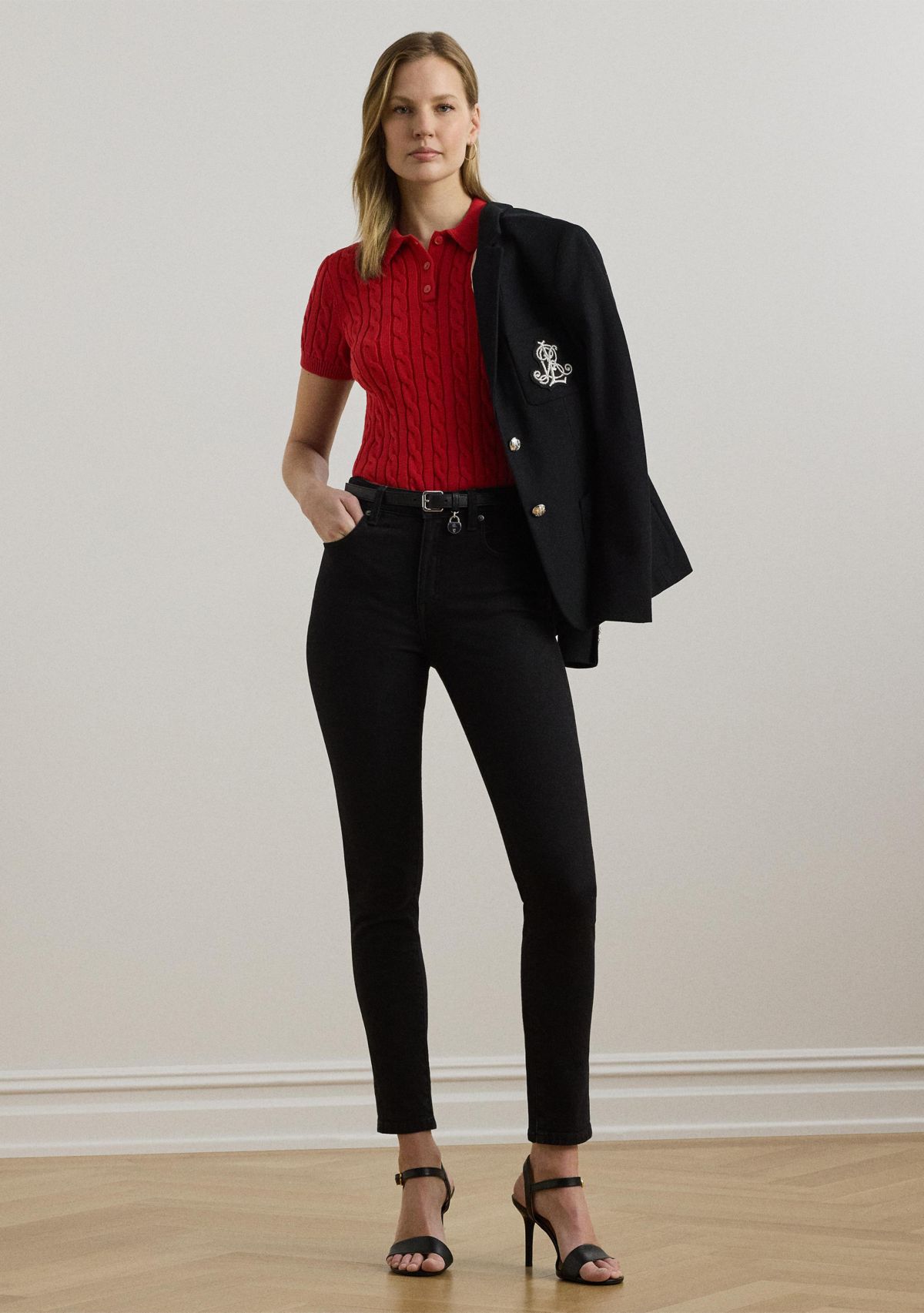 Petite Cable-Knit Cotton Polo Sweater