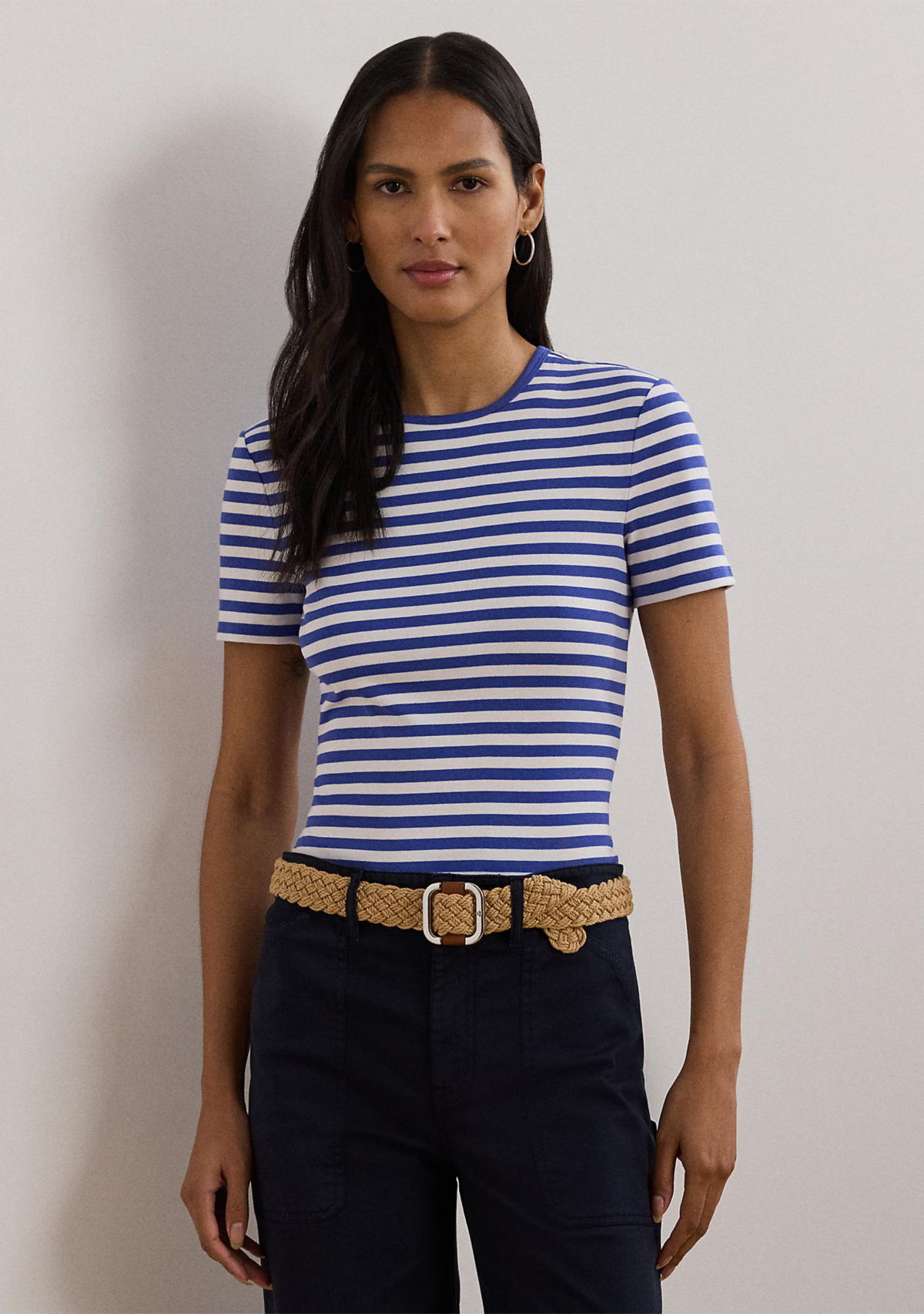 Petite Striped Stretch Cotton Crew Neck T-Shirt