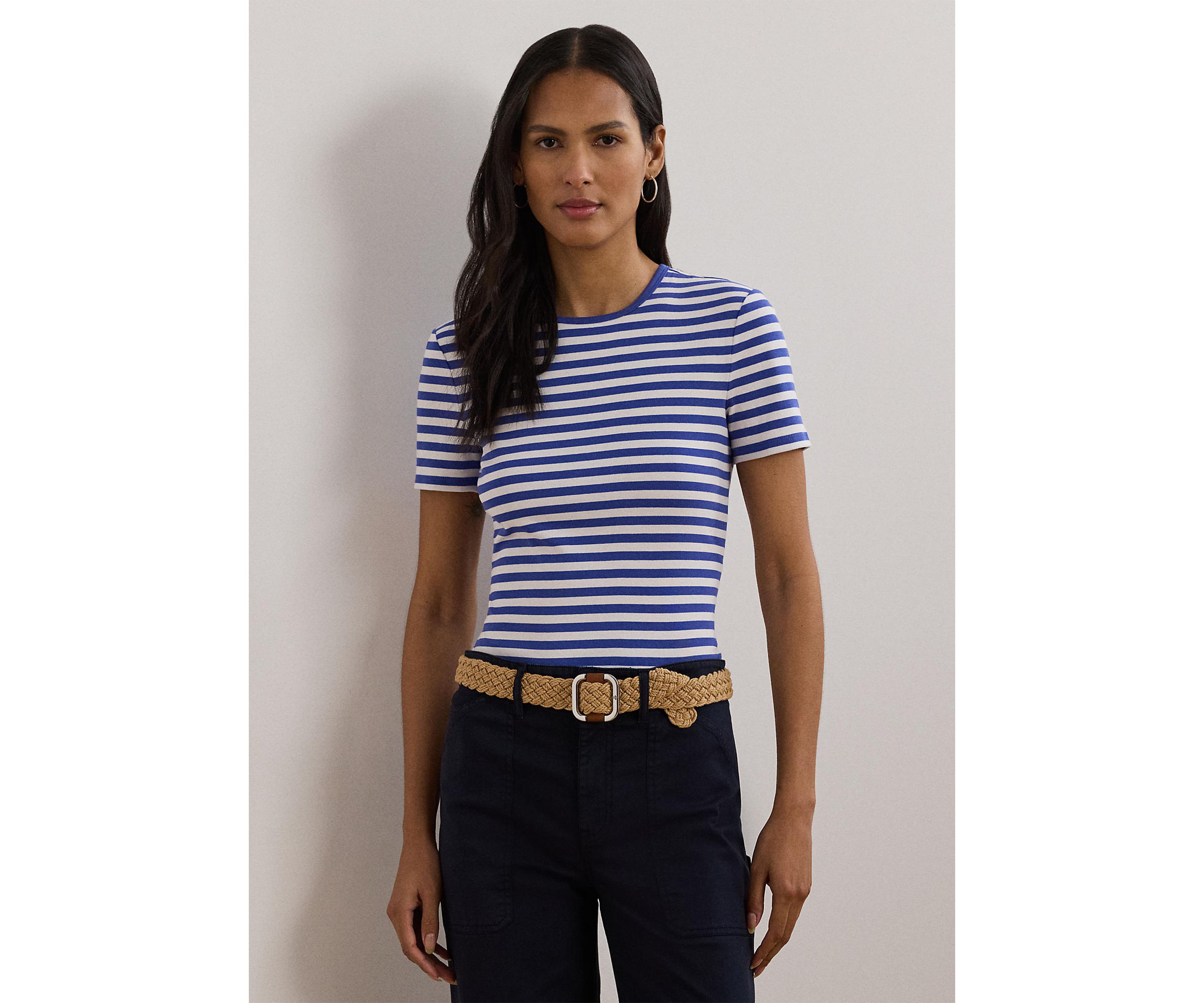 Petite Striped Stretch Cotton Crew Neck T-Shirt