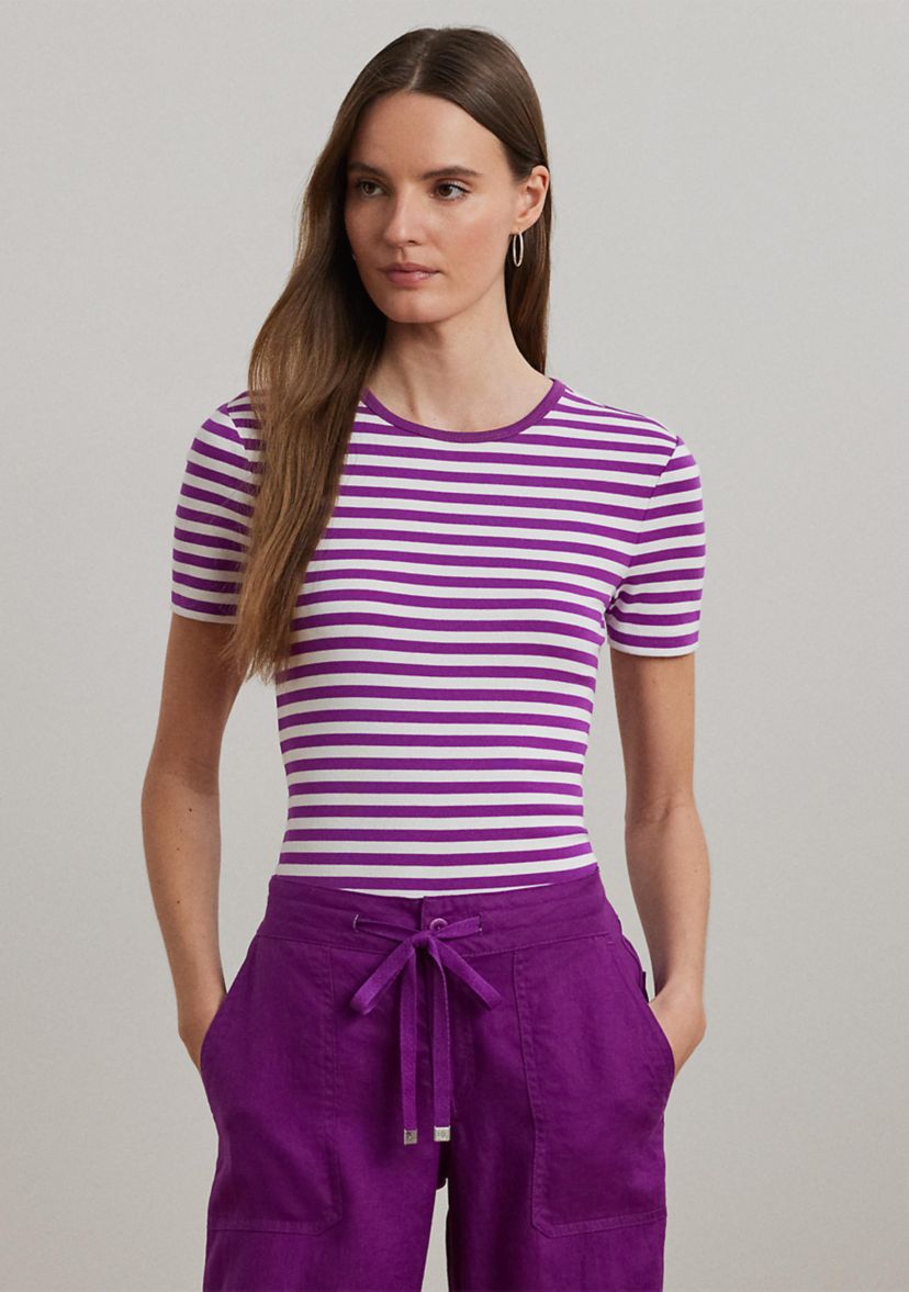Petite Striped Stretch Cotton Crew Neck T-Shirt
