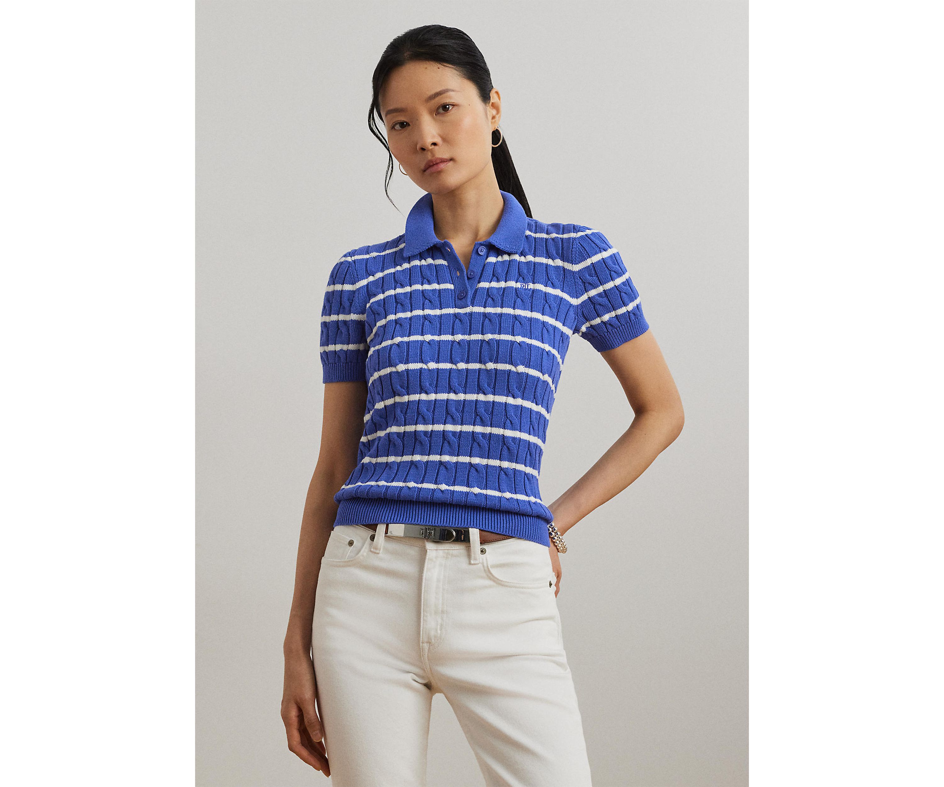 Striped Cable Knit Cotton Polo Sweater