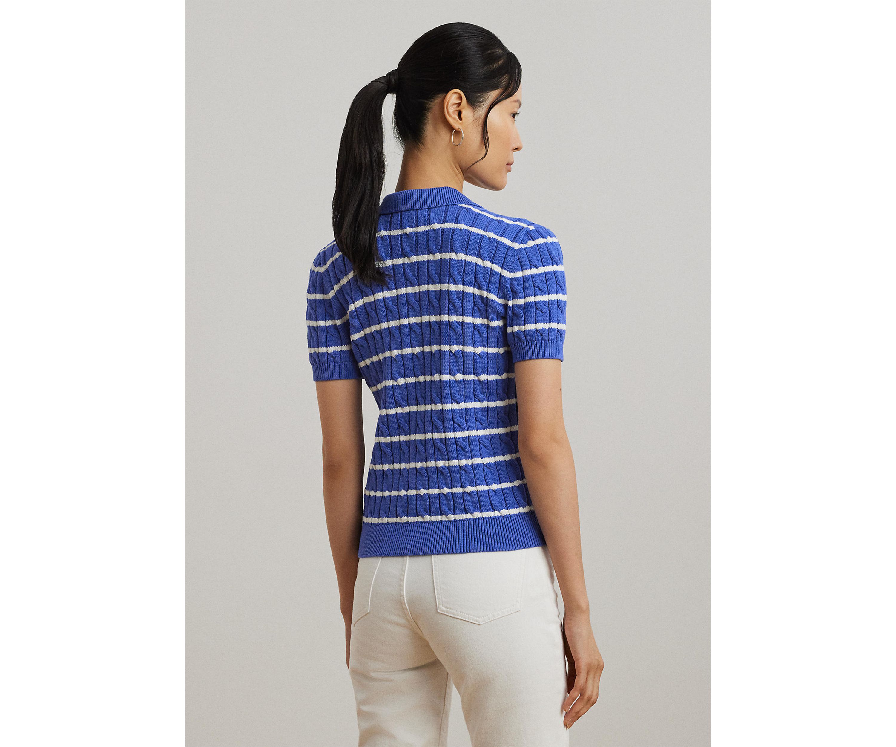 Striped Cable Knit Cotton Polo Sweater