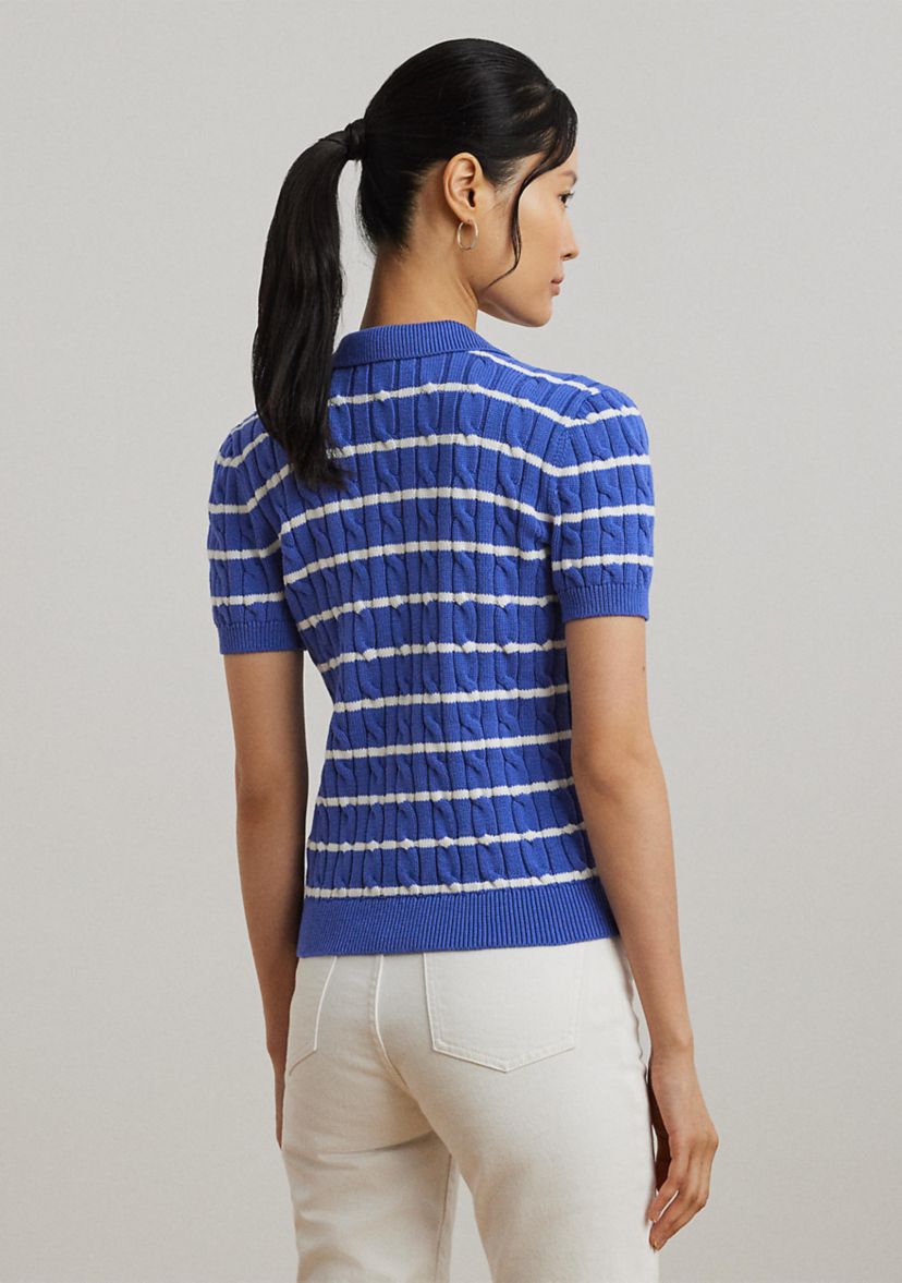 Striped Cable Knit Cotton Polo Sweater