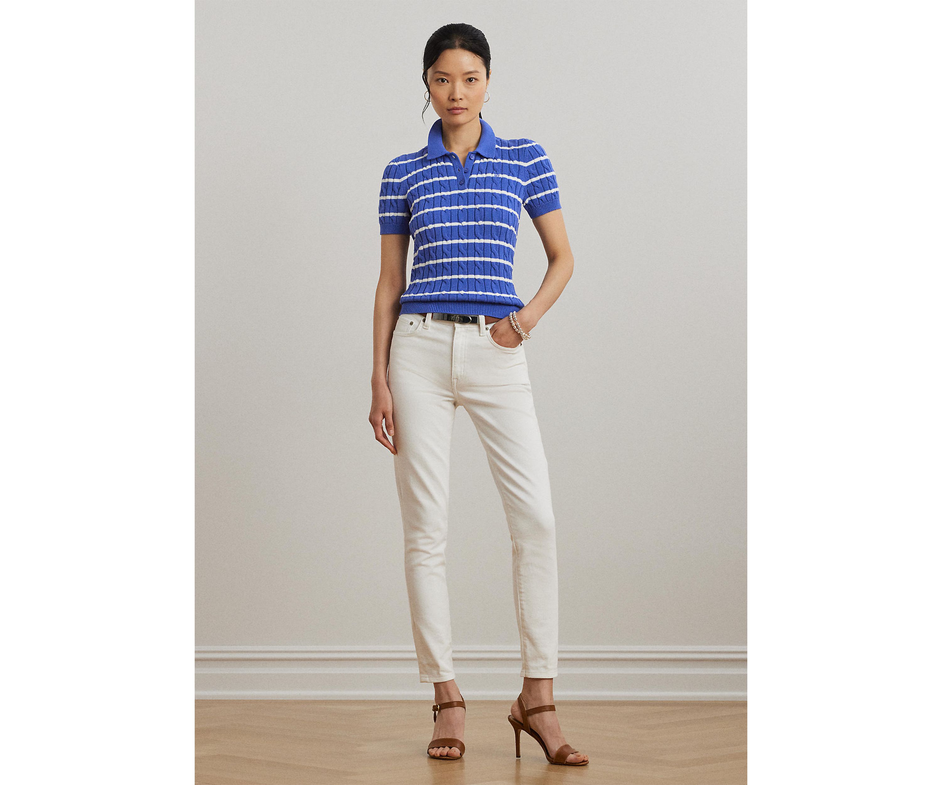 Striped Cable Knit Cotton Polo Sweater