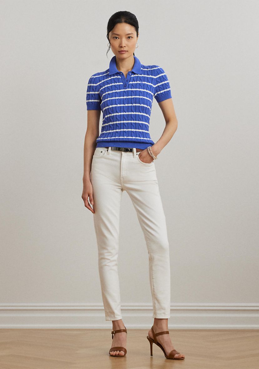 Striped Cable Knit Cotton Polo Sweater