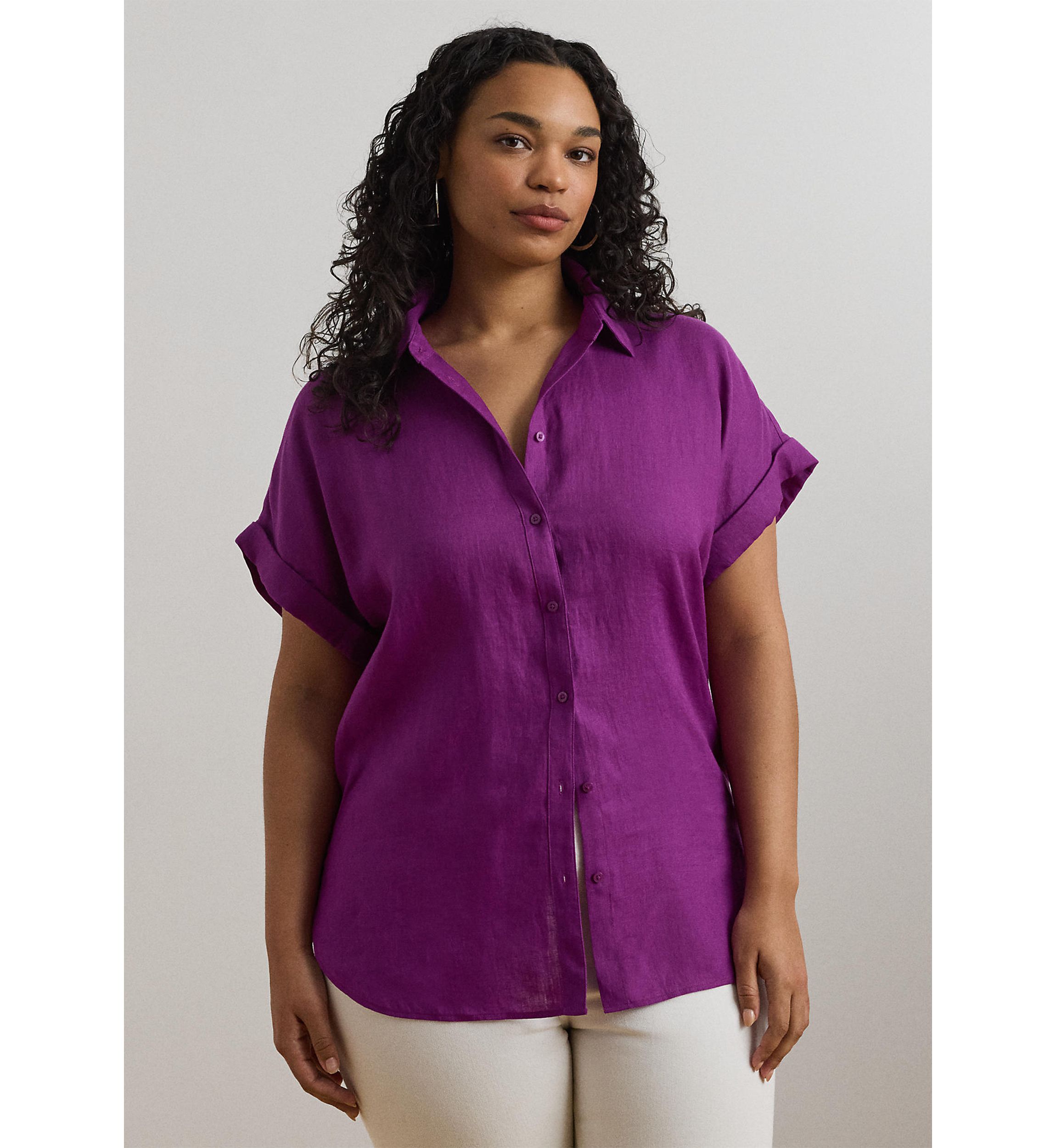 Plus Size Relaxed Fit Linen Short-Sleeve Shirt
