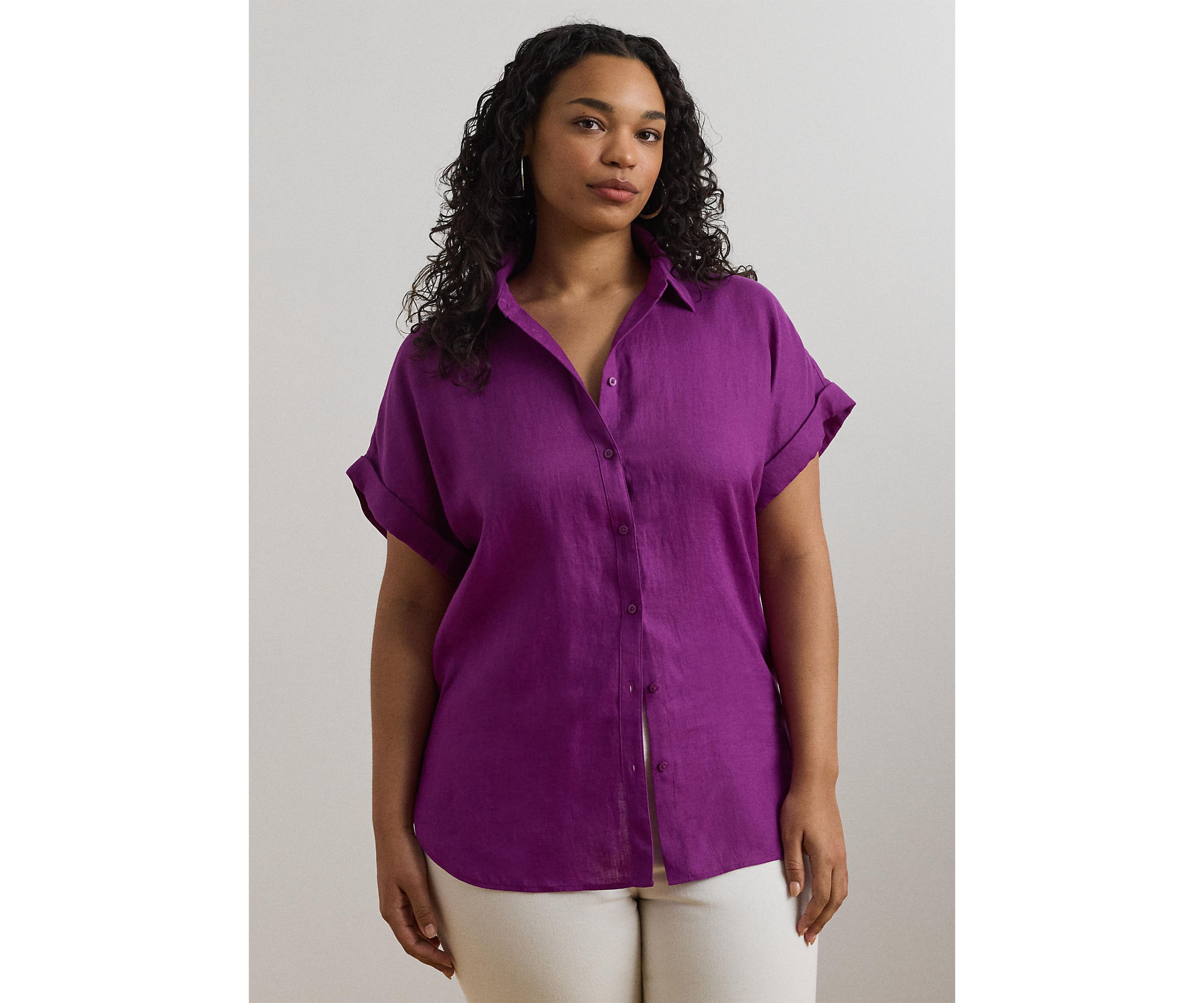 Plus Size Relaxed Fit Linen Short-Sleeve Shirt