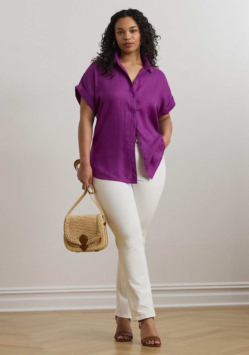 Plus Size Relaxed Fit Linen Short-Sleeve Shirt