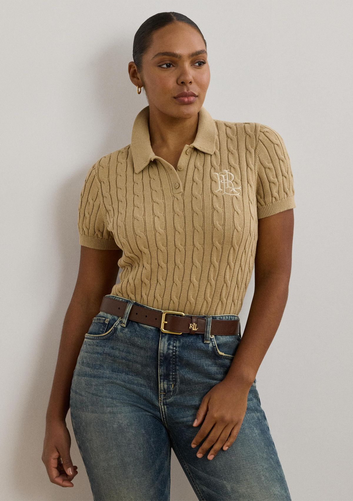 Plus Size Cable Knit Cotton Polo Sweater