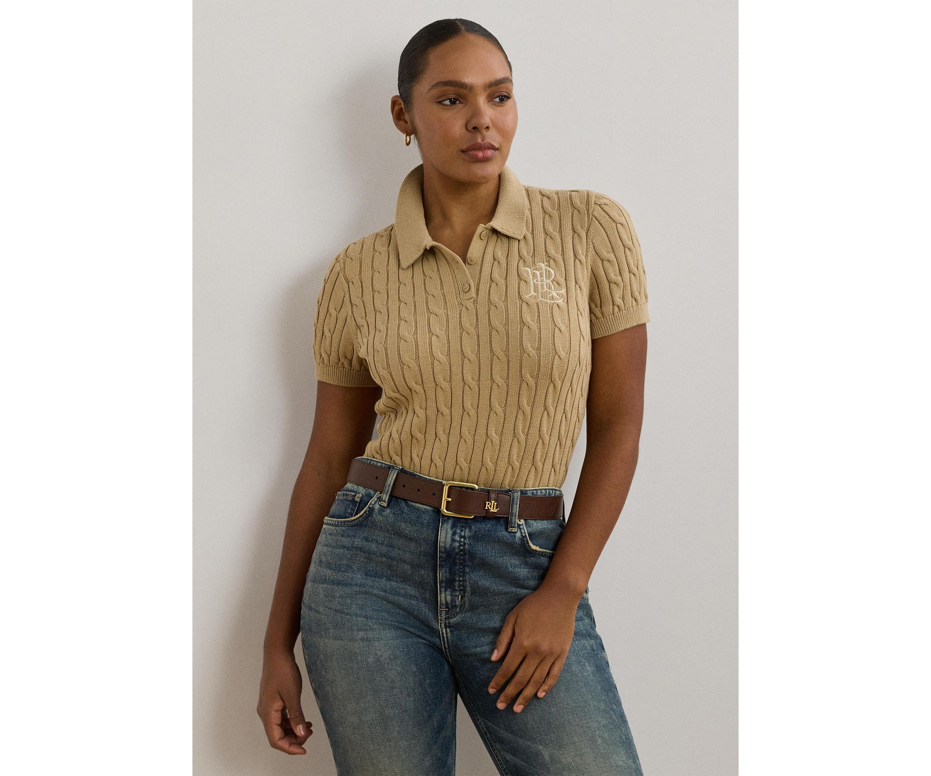 Plus Size Cable Knit Cotton Polo Sweater