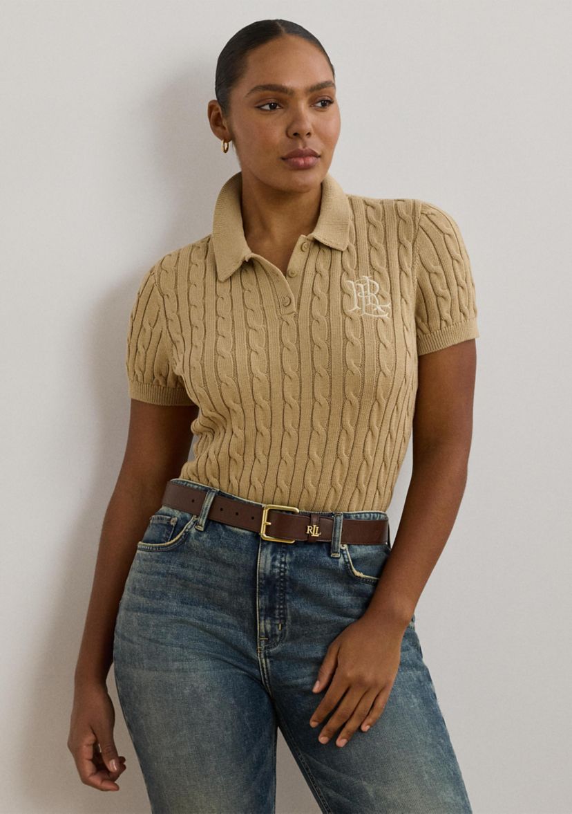 Plus Size Cable Knit Cotton Polo Sweater