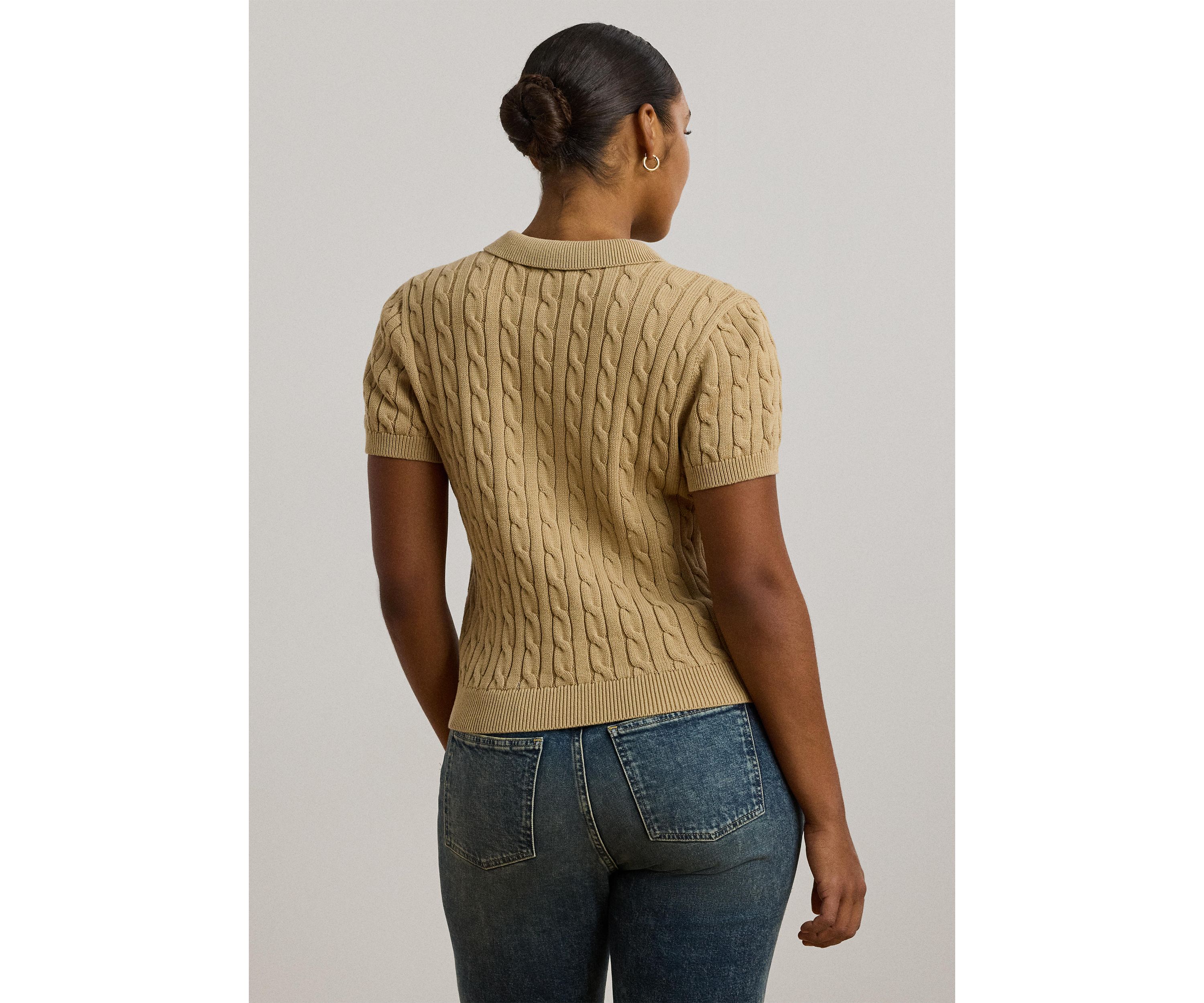Plus Size Cable Knit Cotton Polo Sweater