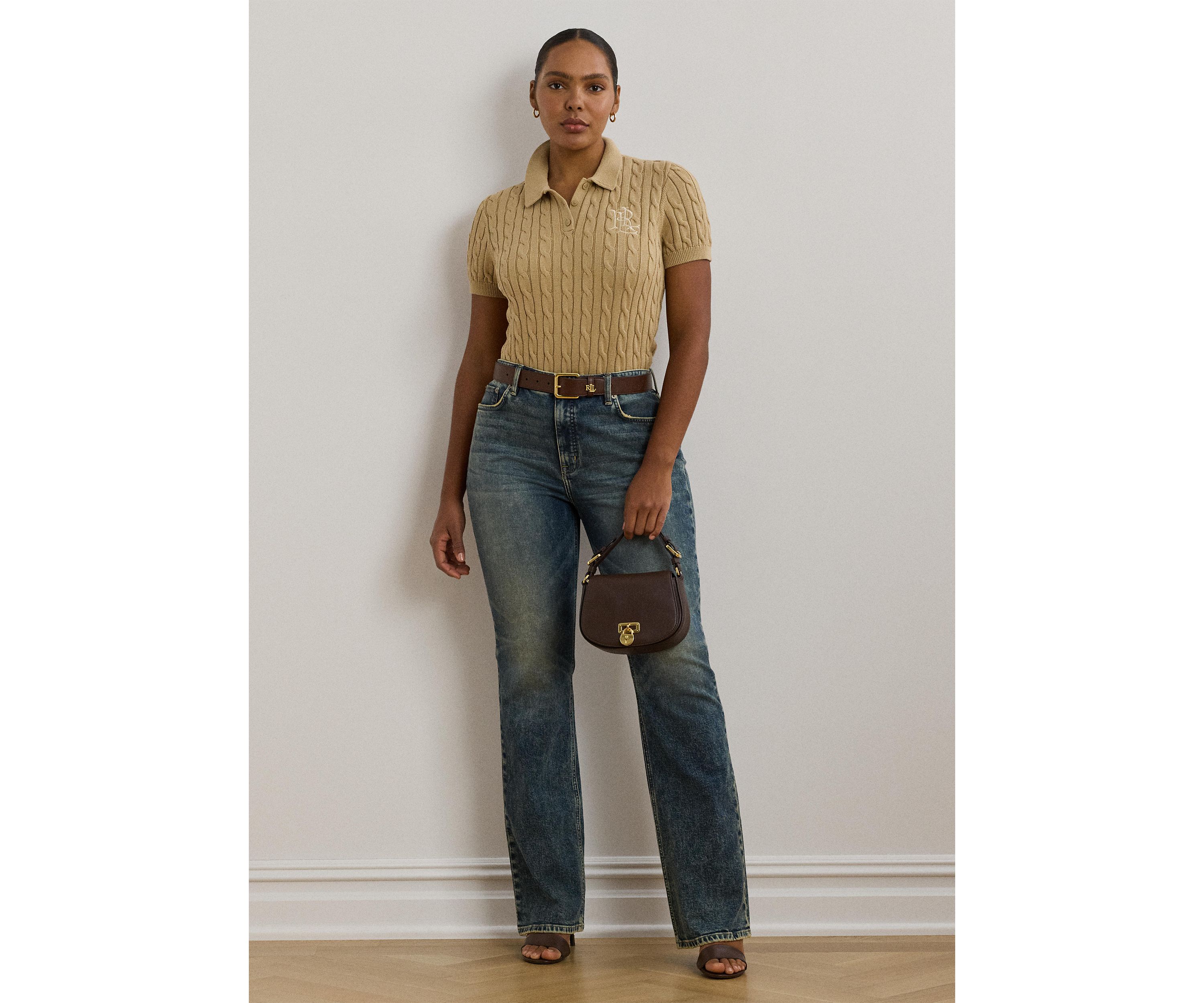 Plus Size Cable Knit Cotton Polo Sweater