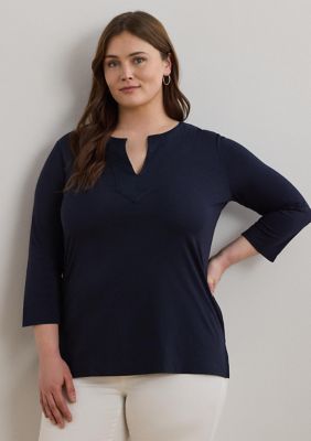 ラルフ・ローレン Lauren Ralph Lauren Plus Size Cotton Jersey Three-quarter-sleeve T Lauren Ralph Lauren Women's Plus Size Split-Neck Three
