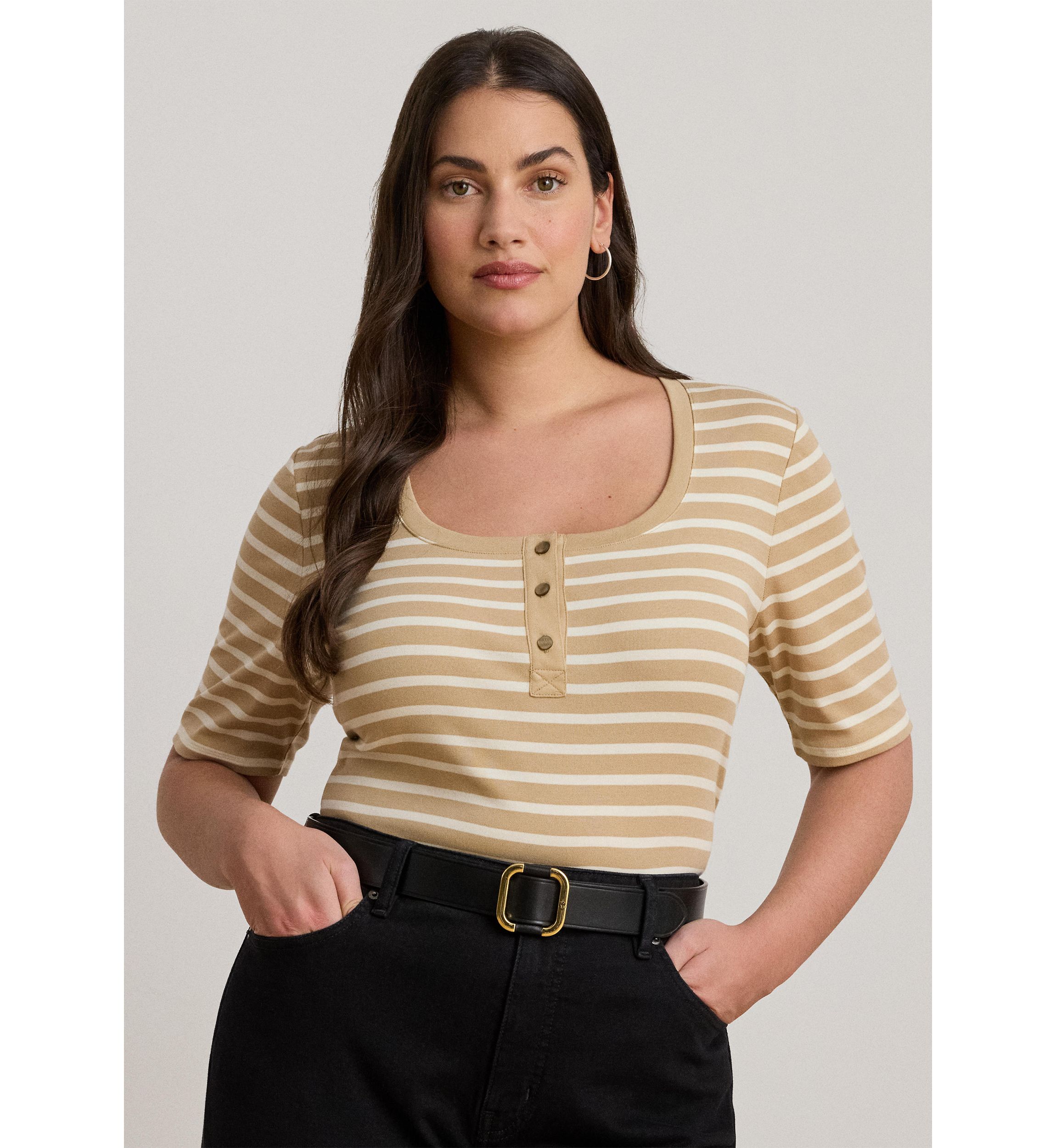 Plus Size Striped Elbow Sleeve Henley Top