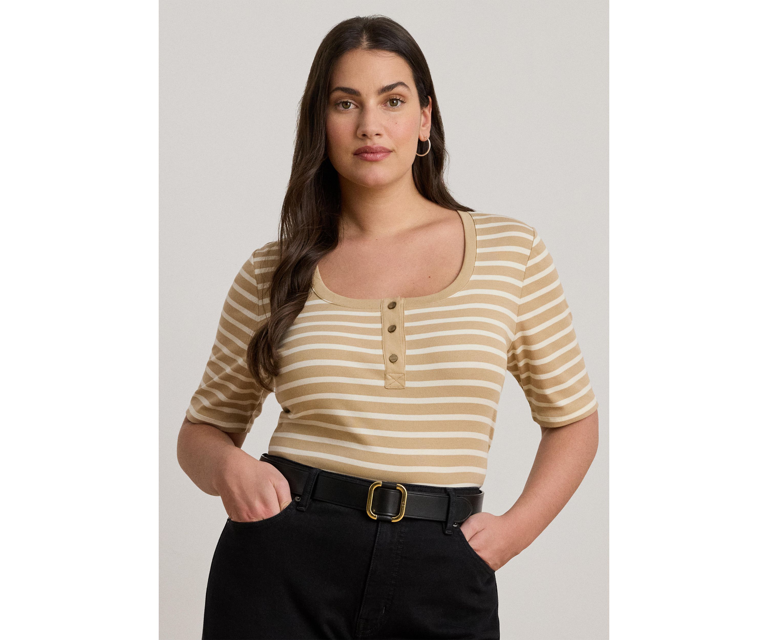 Plus Size Striped Elbow Sleeve Henley Top