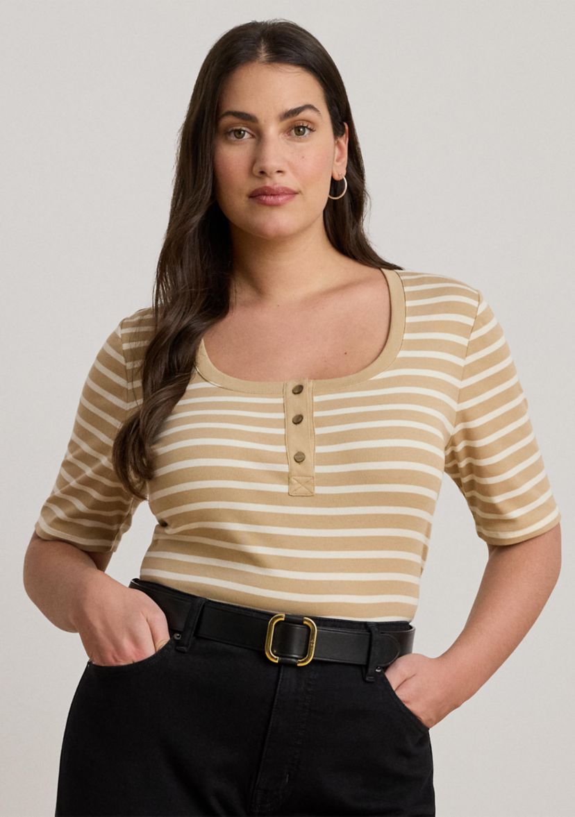 Plus Size Striped Elbow Sleeve Henley Top