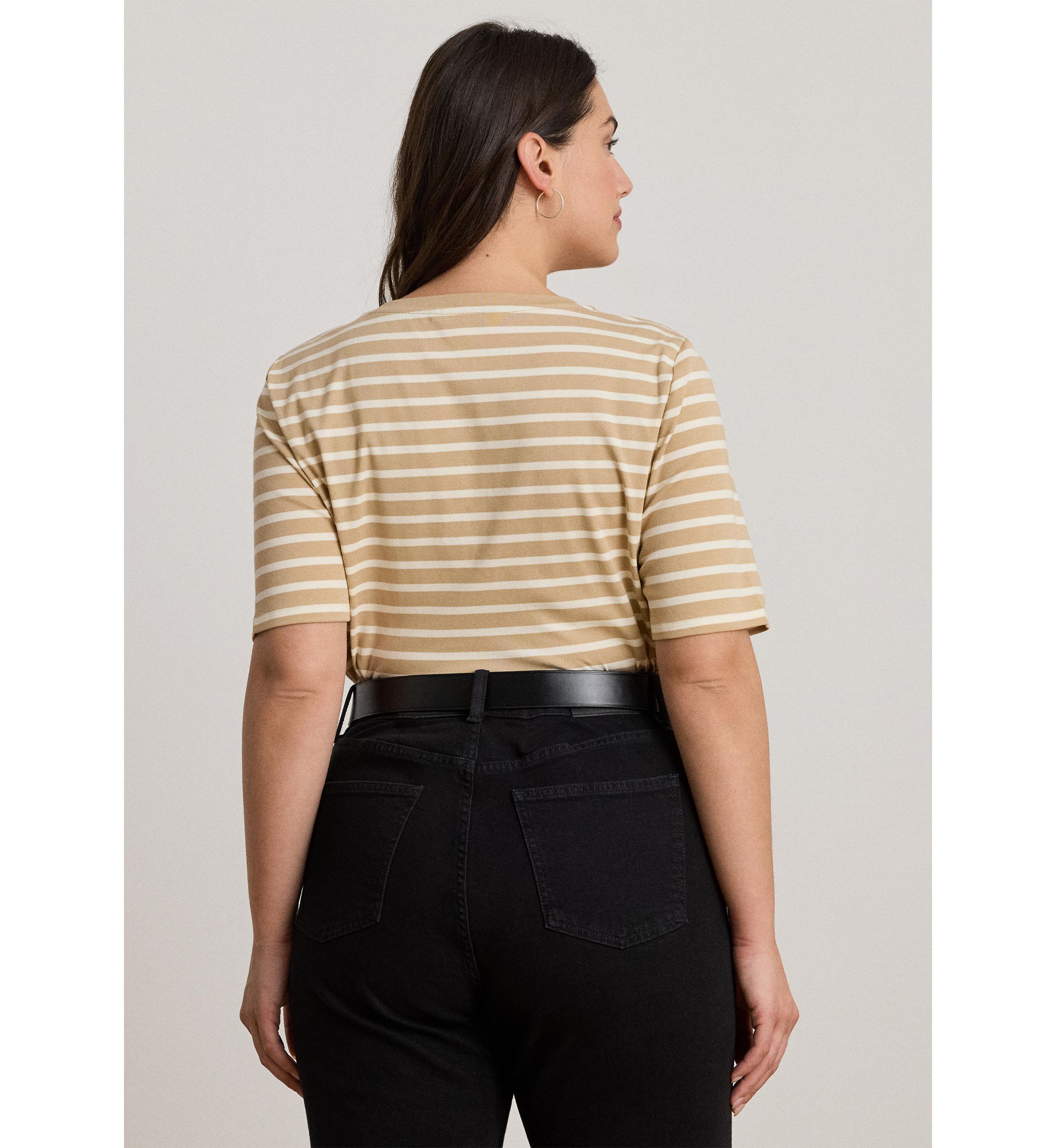 Plus Size Striped Elbow Sleeve Henley Top
