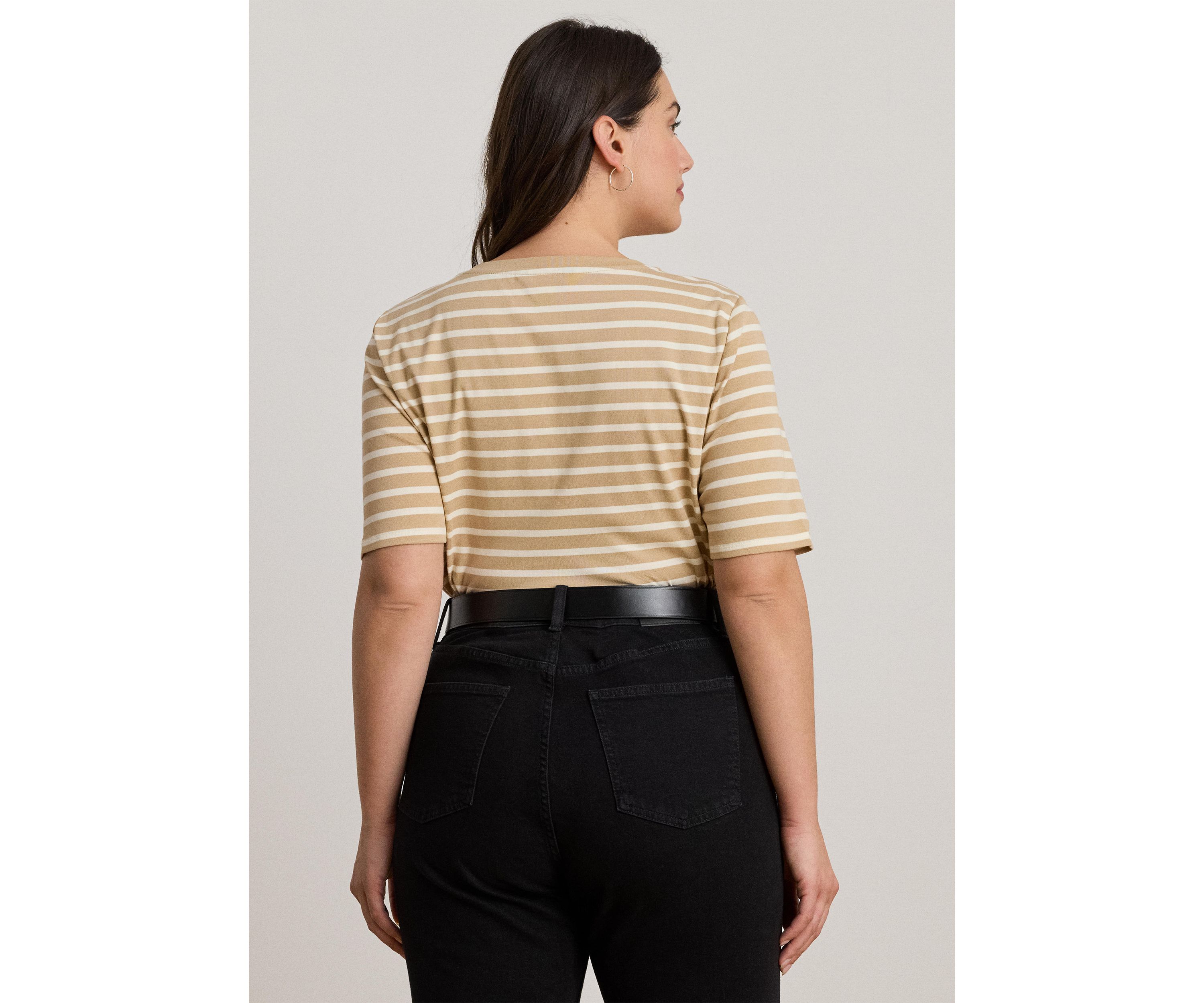 Plus Size Striped Elbow Sleeve Henley Top