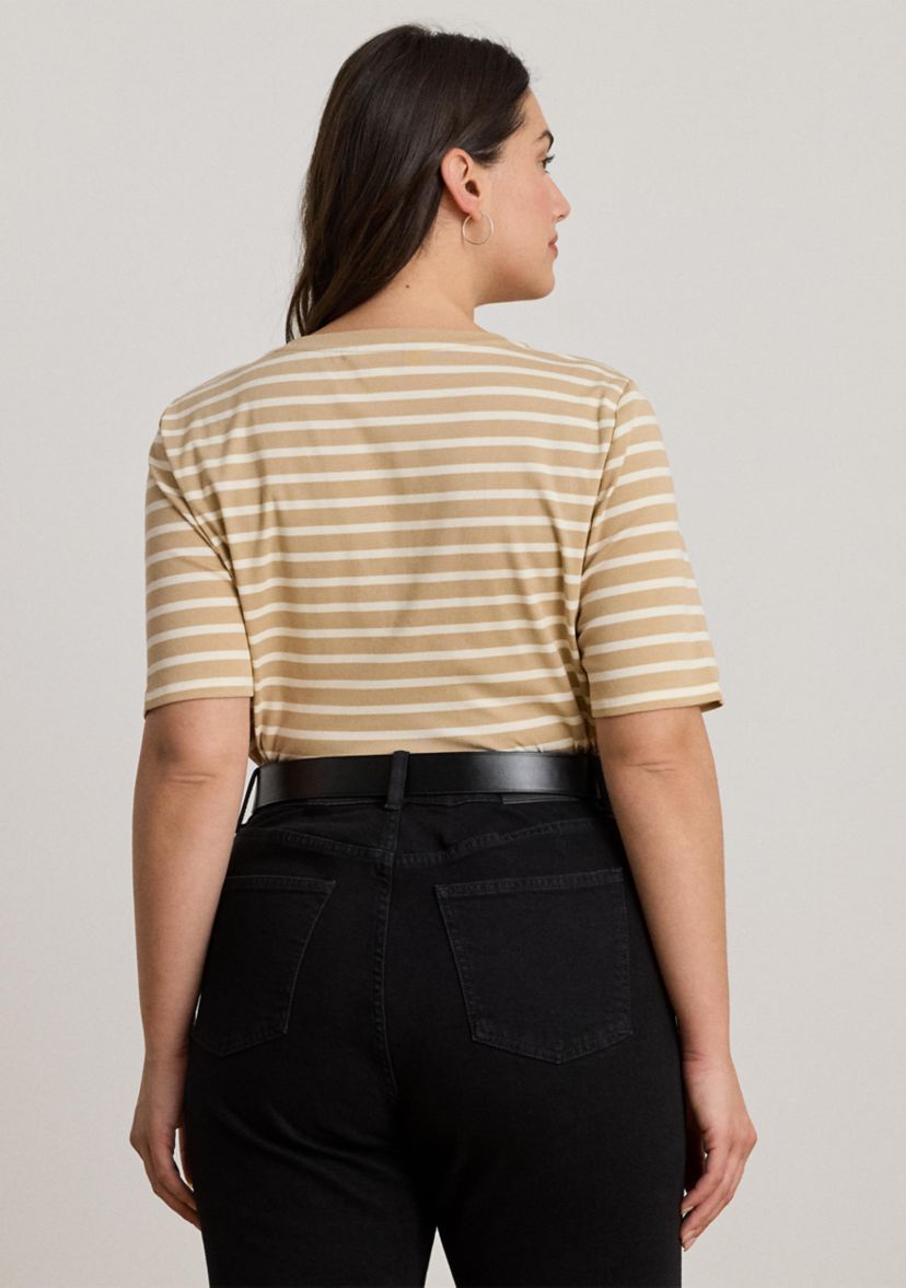 Plus Size Striped Elbow Sleeve Henley Top