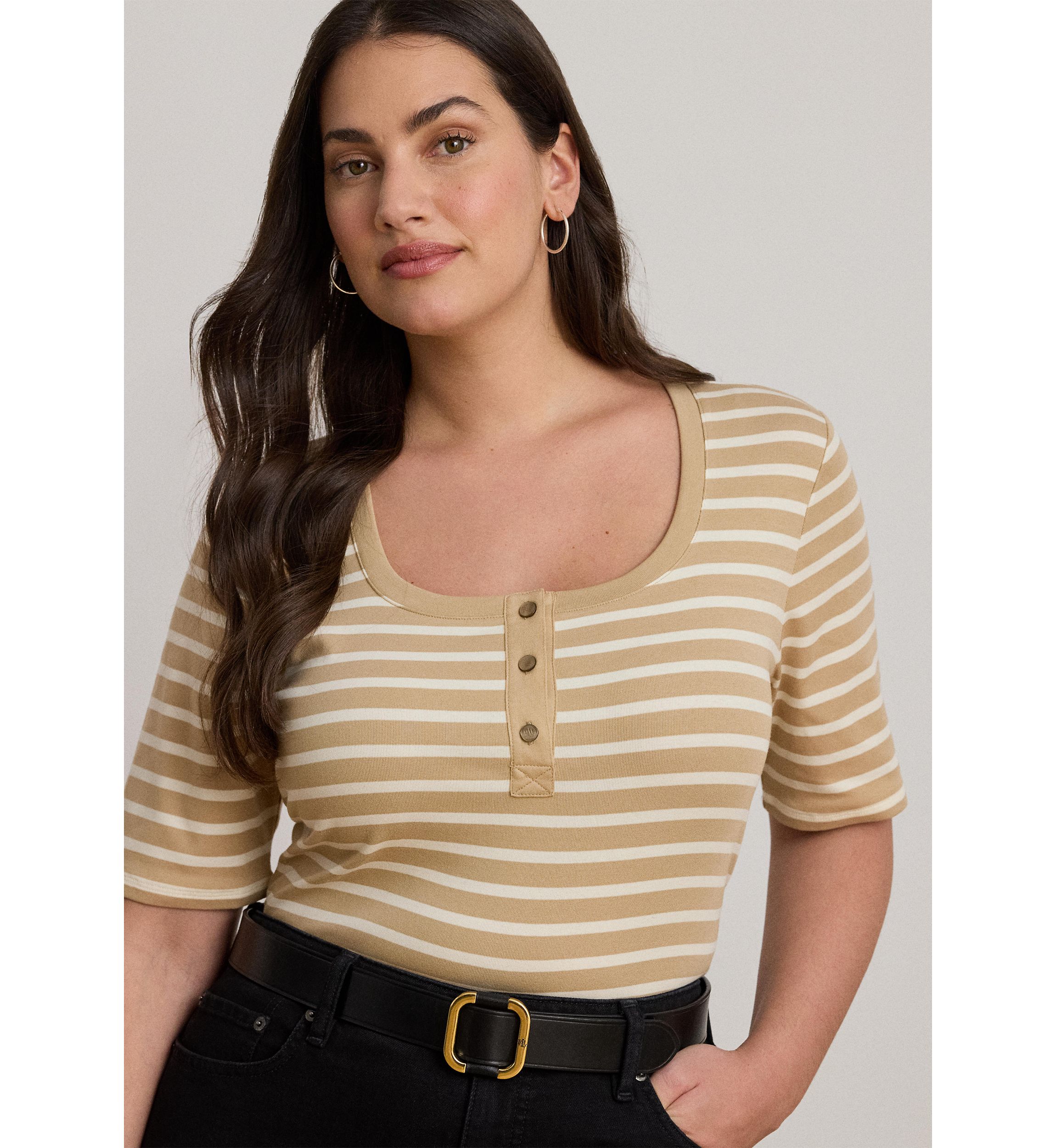 Plus Size Striped Elbow Sleeve Henley Top