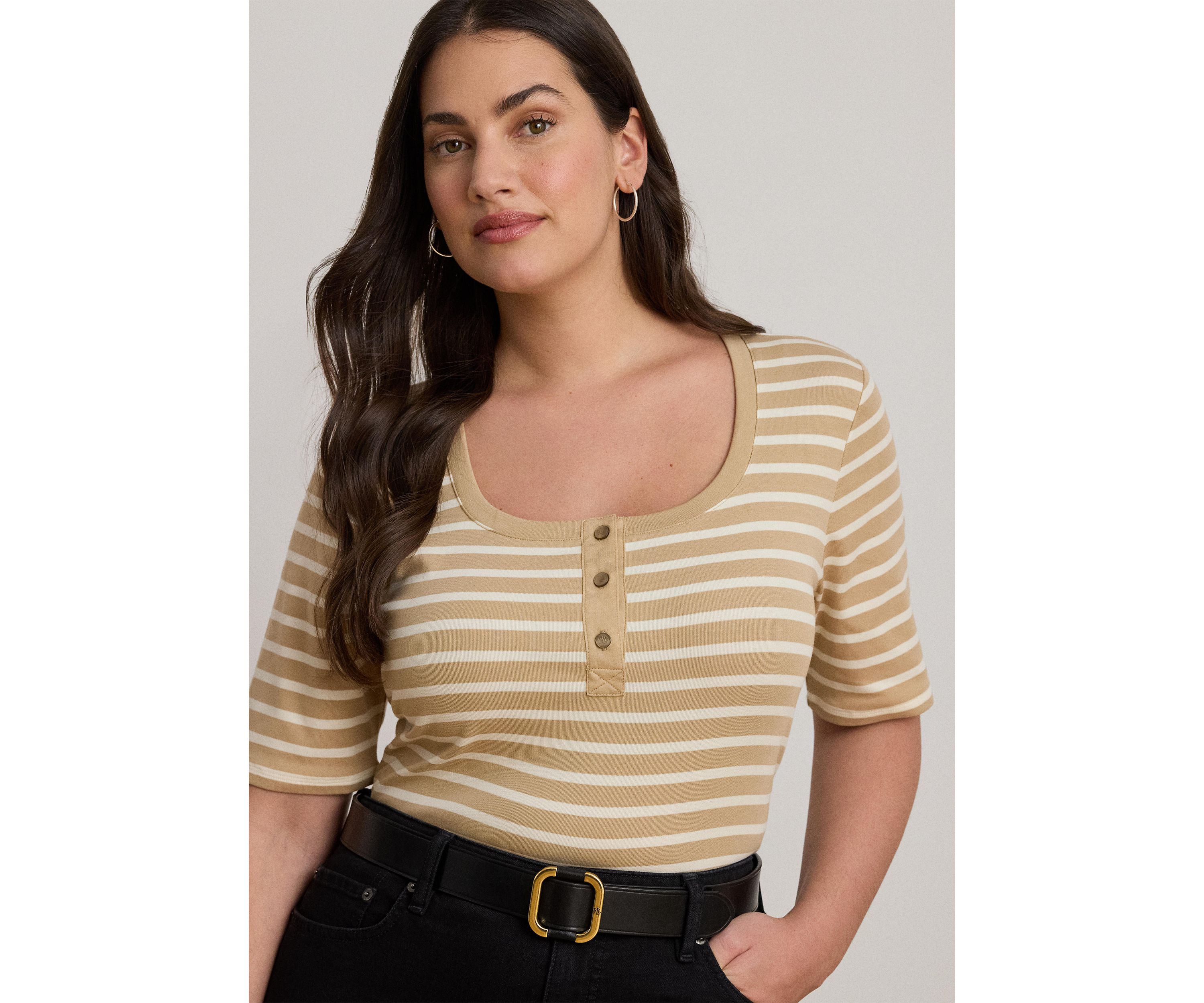 Plus Size Striped Elbow Sleeve Henley Top