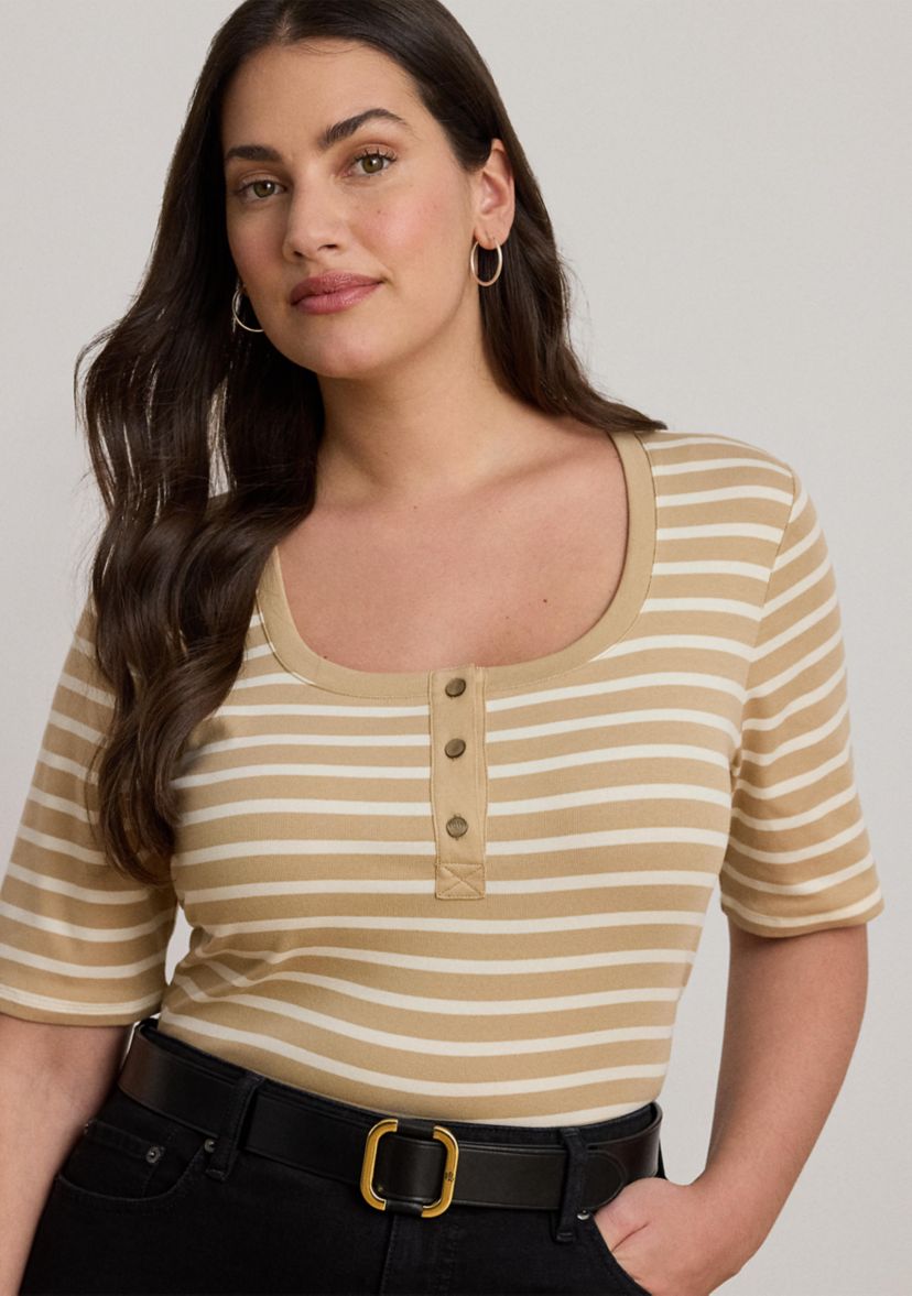 Plus Size Striped Elbow Sleeve Henley Top