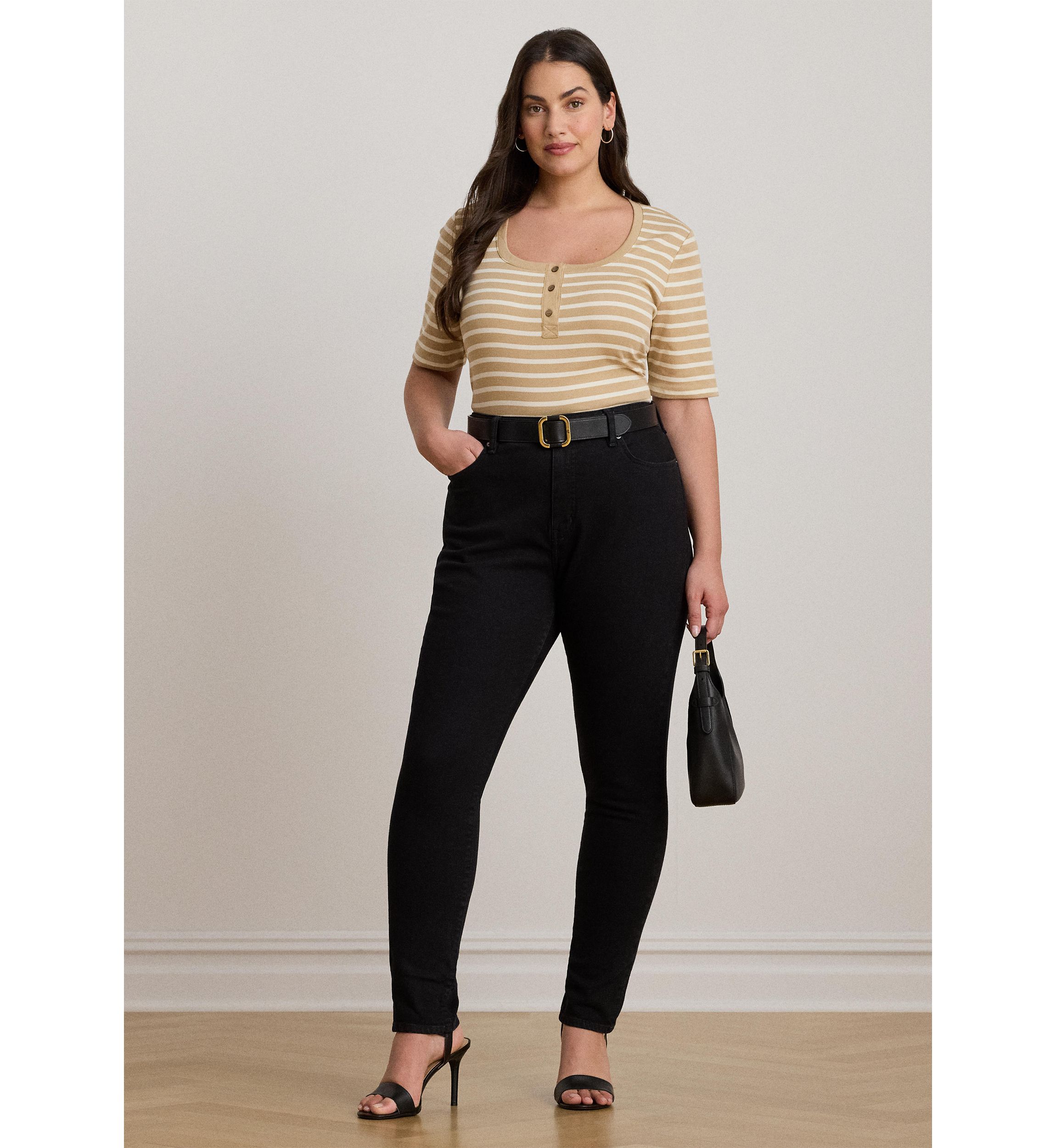 Plus Size Striped Elbow Sleeve Henley Top