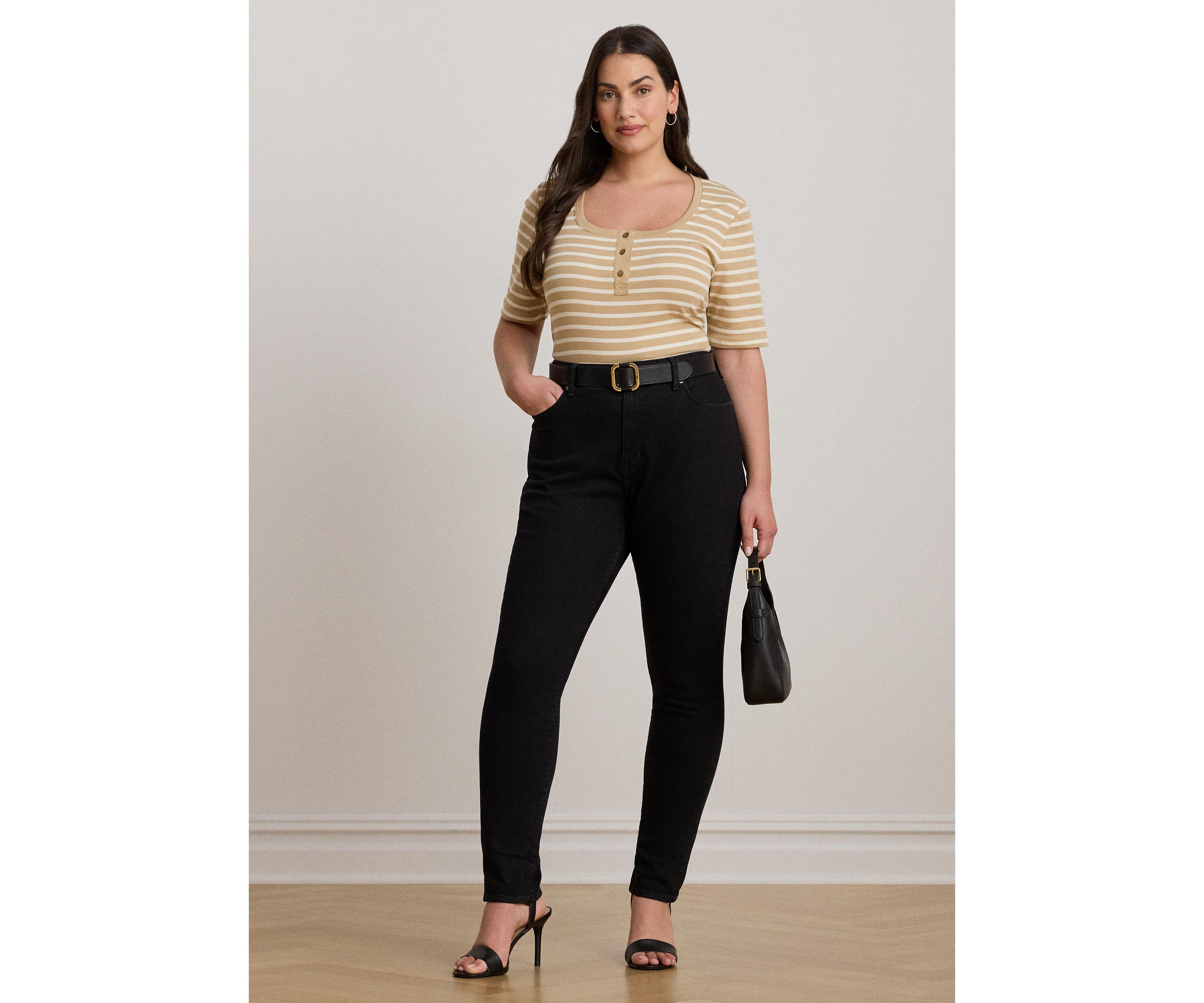 Plus Size Striped Elbow Sleeve Henley Top