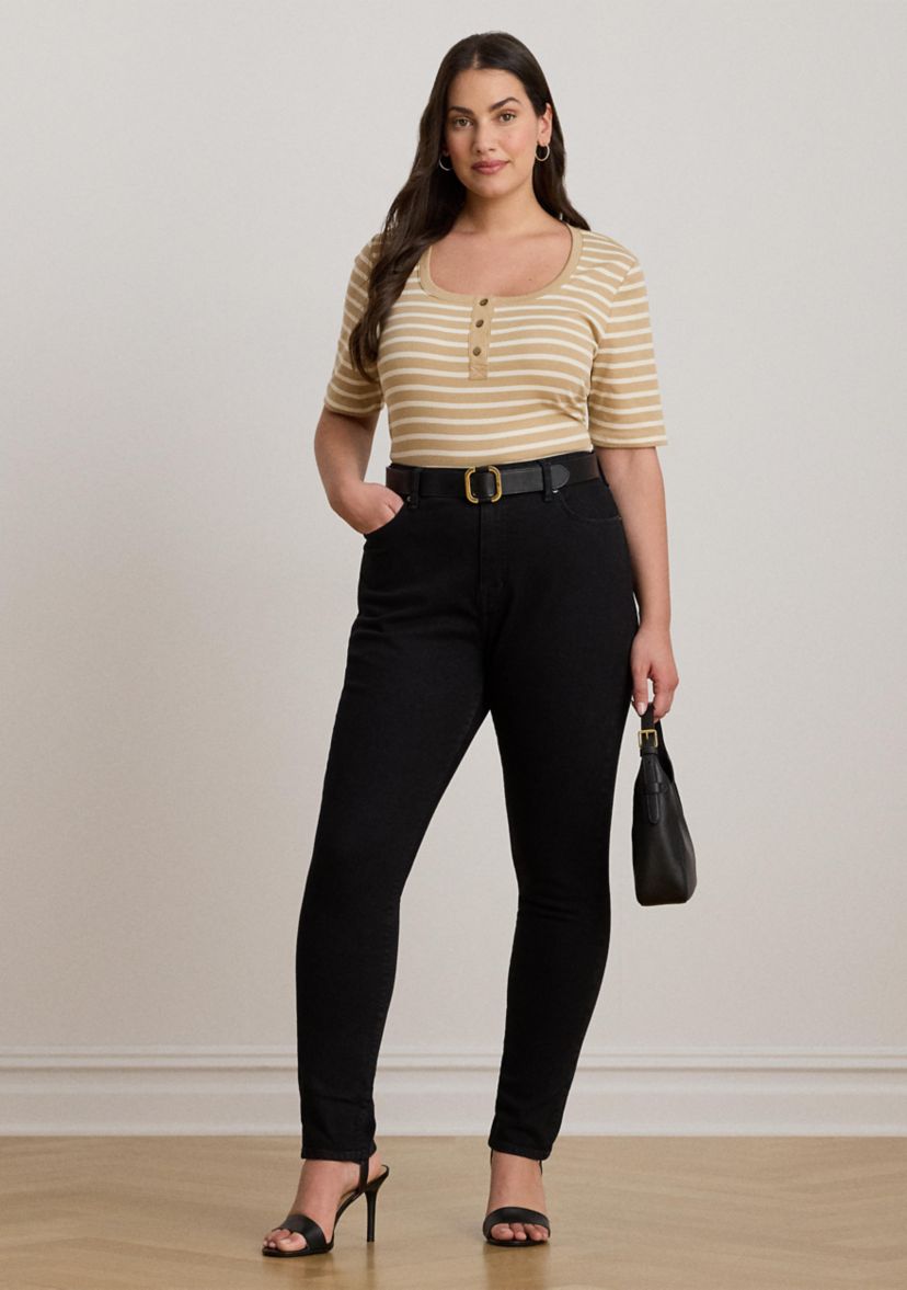 Plus Size Striped Elbow Sleeve Henley Top