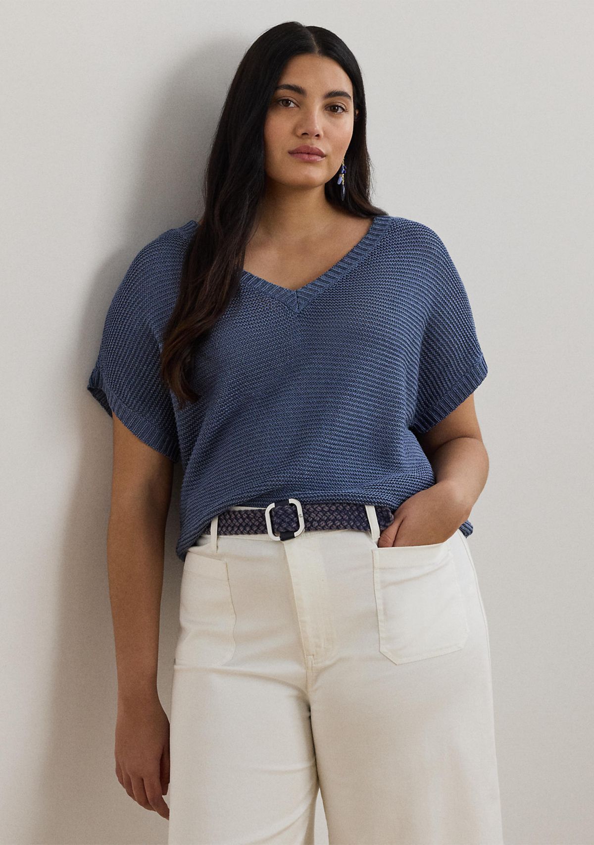 Plus Size Linen-Blend Short-Sleeve V-Neck Sweater