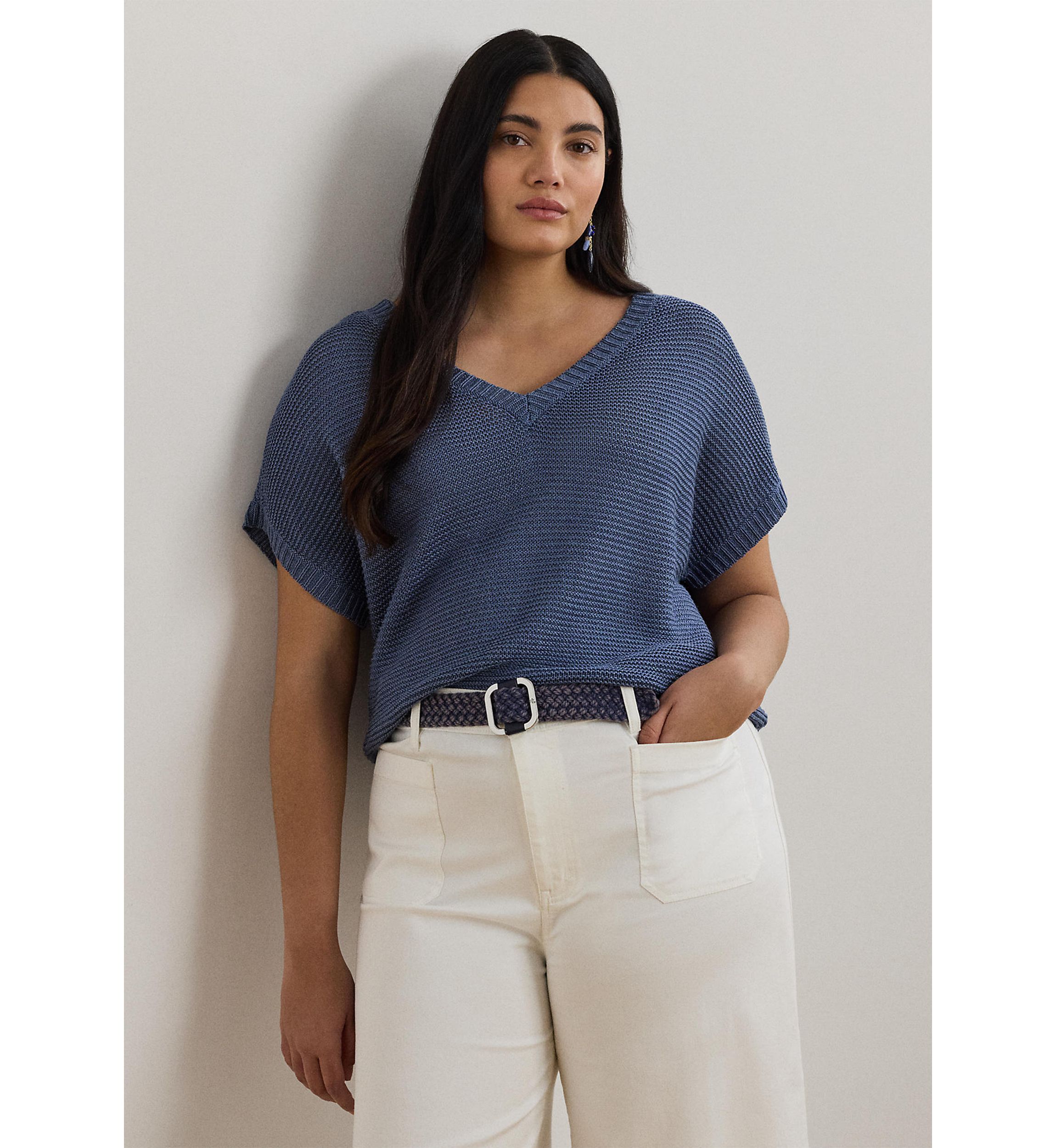 Womens Linen-Blend Short-Sleeve V-Neck Sweater