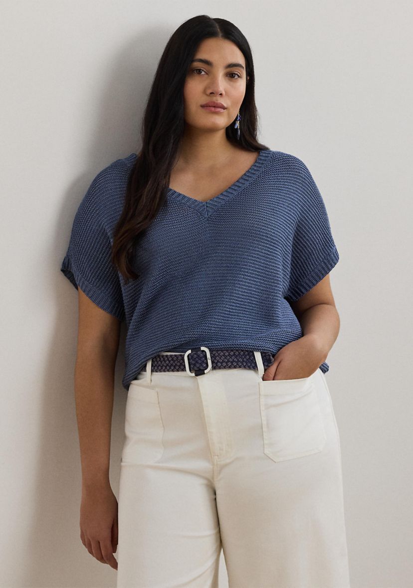 Womens Linen-Blend Short-Sleeve V-Neck Sweater