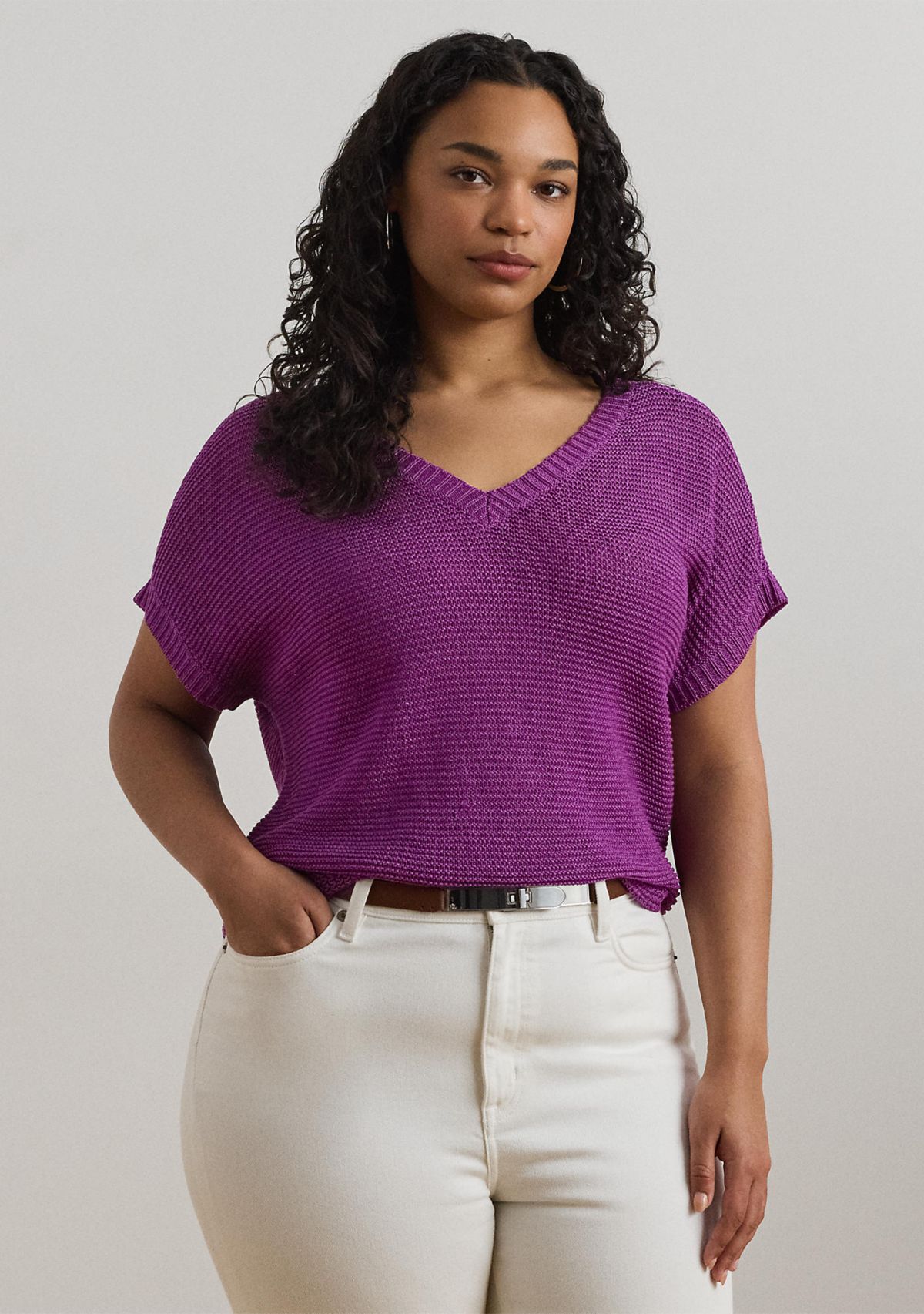 Plus Size Linen-Blend Short-Sleeve V-Neck Sweater