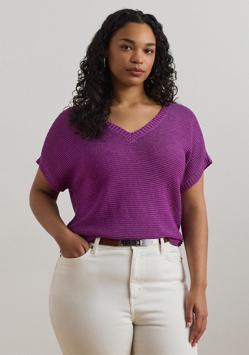 Plus Size Linen-Blend Short-Sleeve V-Neck Sweater