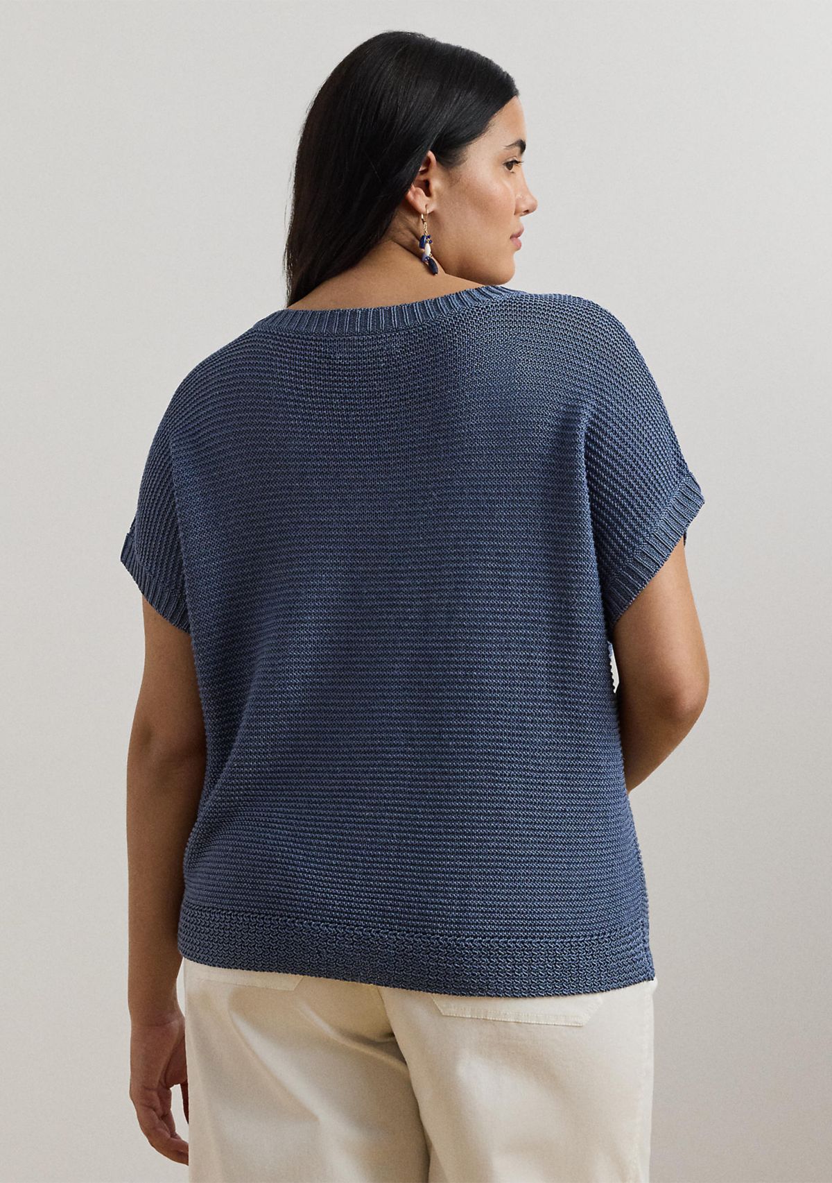 Plus Size Linen-Blend Short-Sleeve V-Neck Sweater