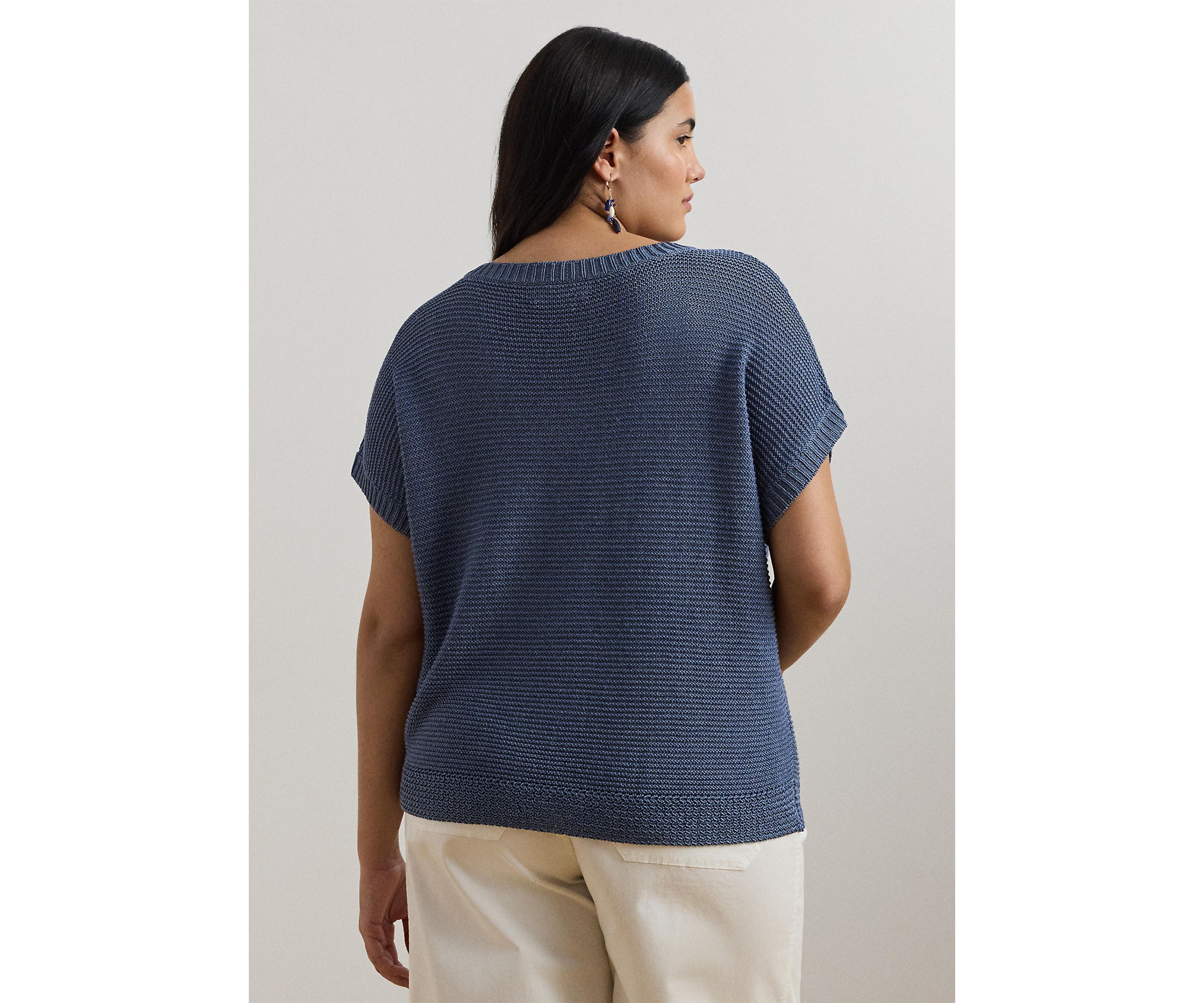 Womens Linen-Blend Short-Sleeve V-Neck Sweater