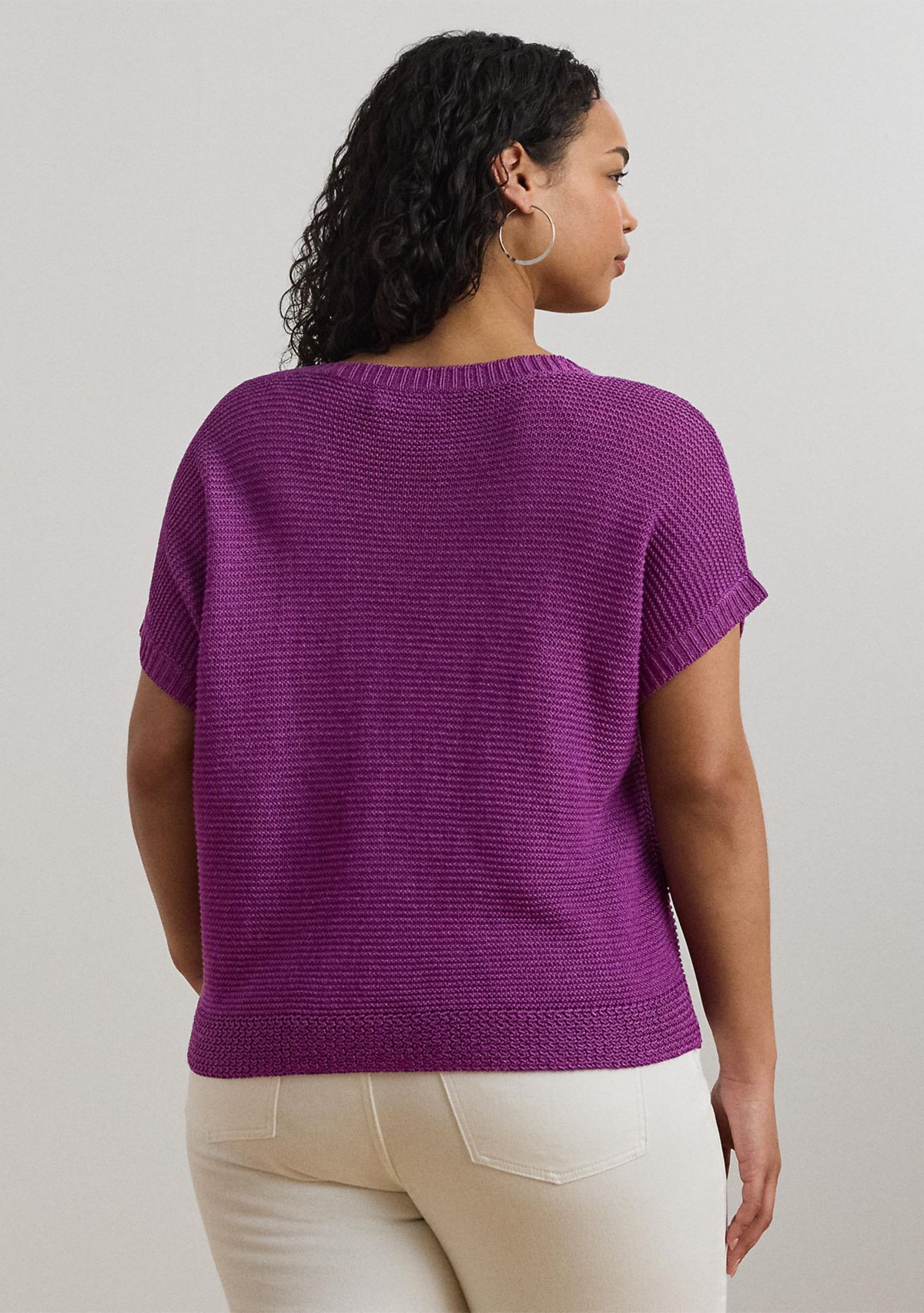 Plus Size Linen-Blend Short-Sleeve V-Neck Sweater