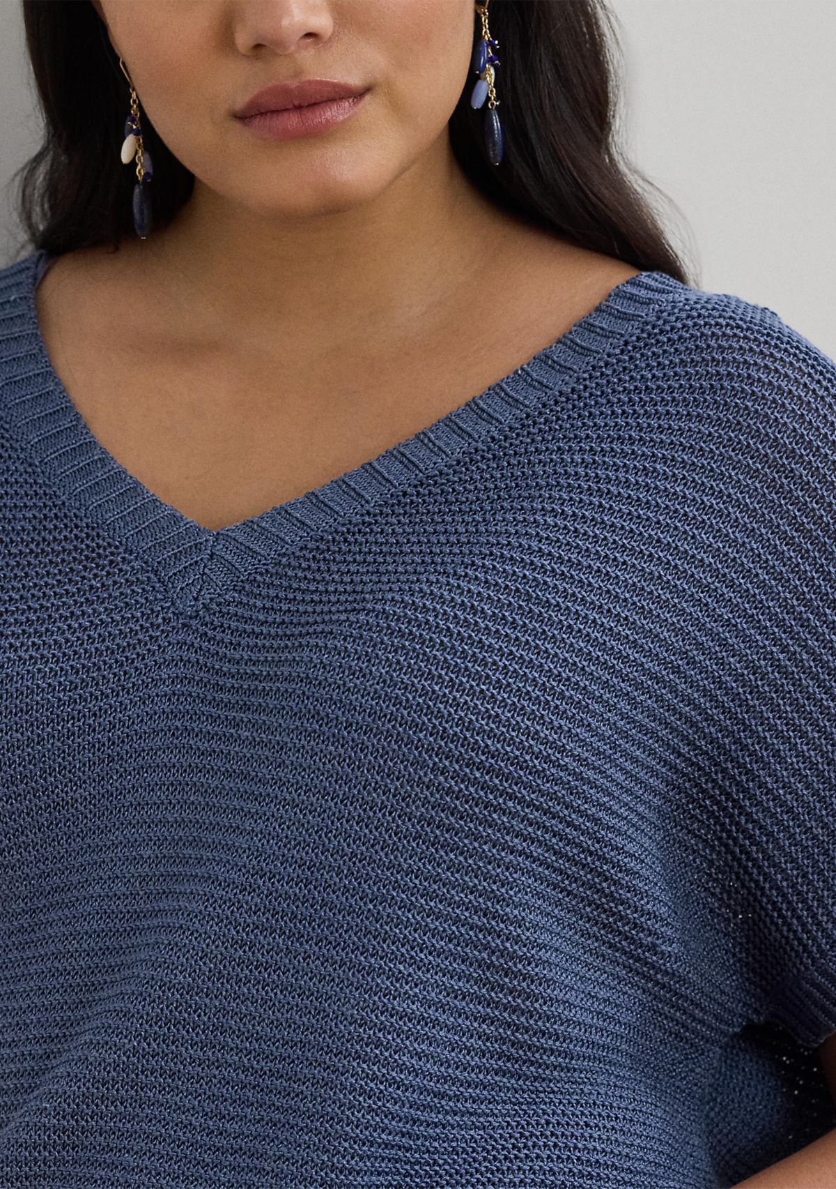 Plus Size Linen-Blend Short-Sleeve V-Neck Sweater