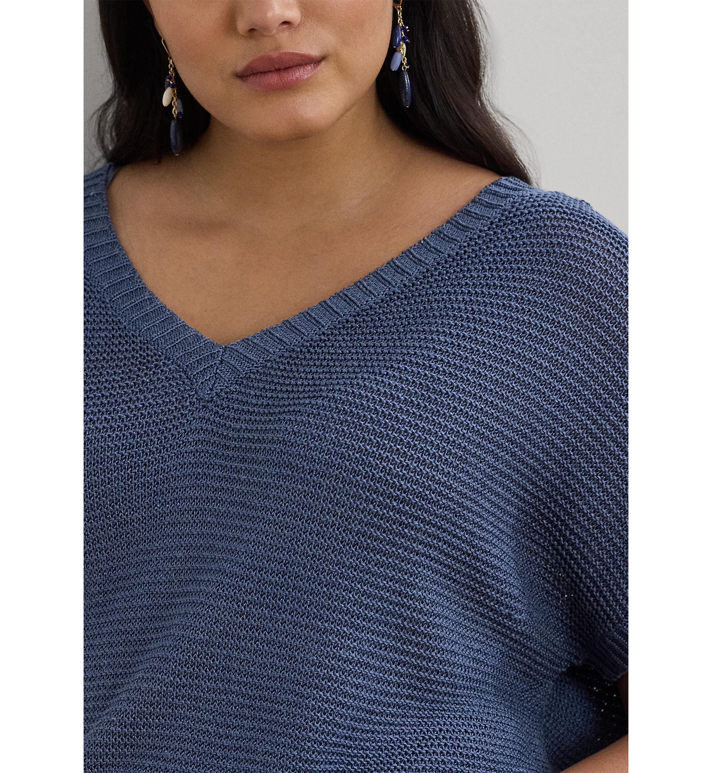 Womens Linen-Blend Short-Sleeve V-Neck Sweater